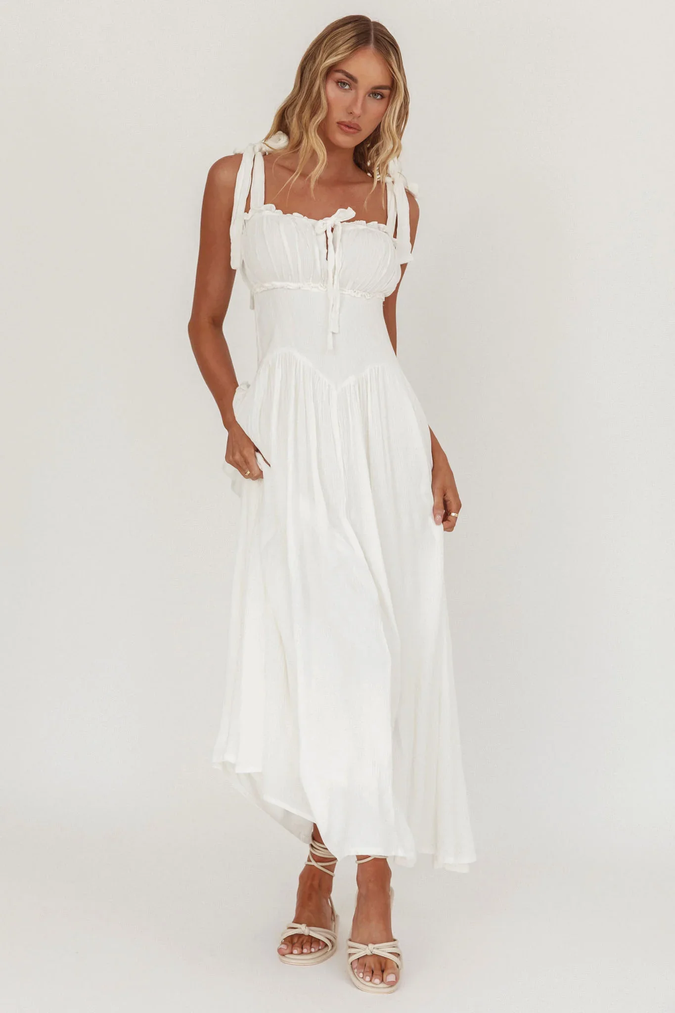 Albury Tied Shoulder Basque Waist Midi Dress White
