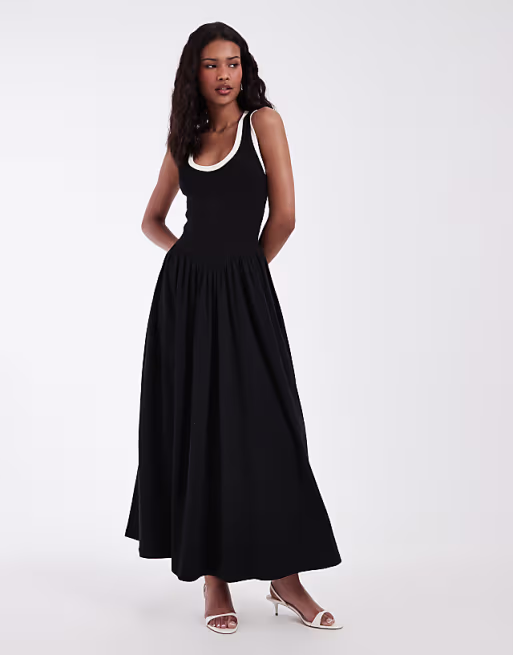 contrast trim midi dress in monochrome