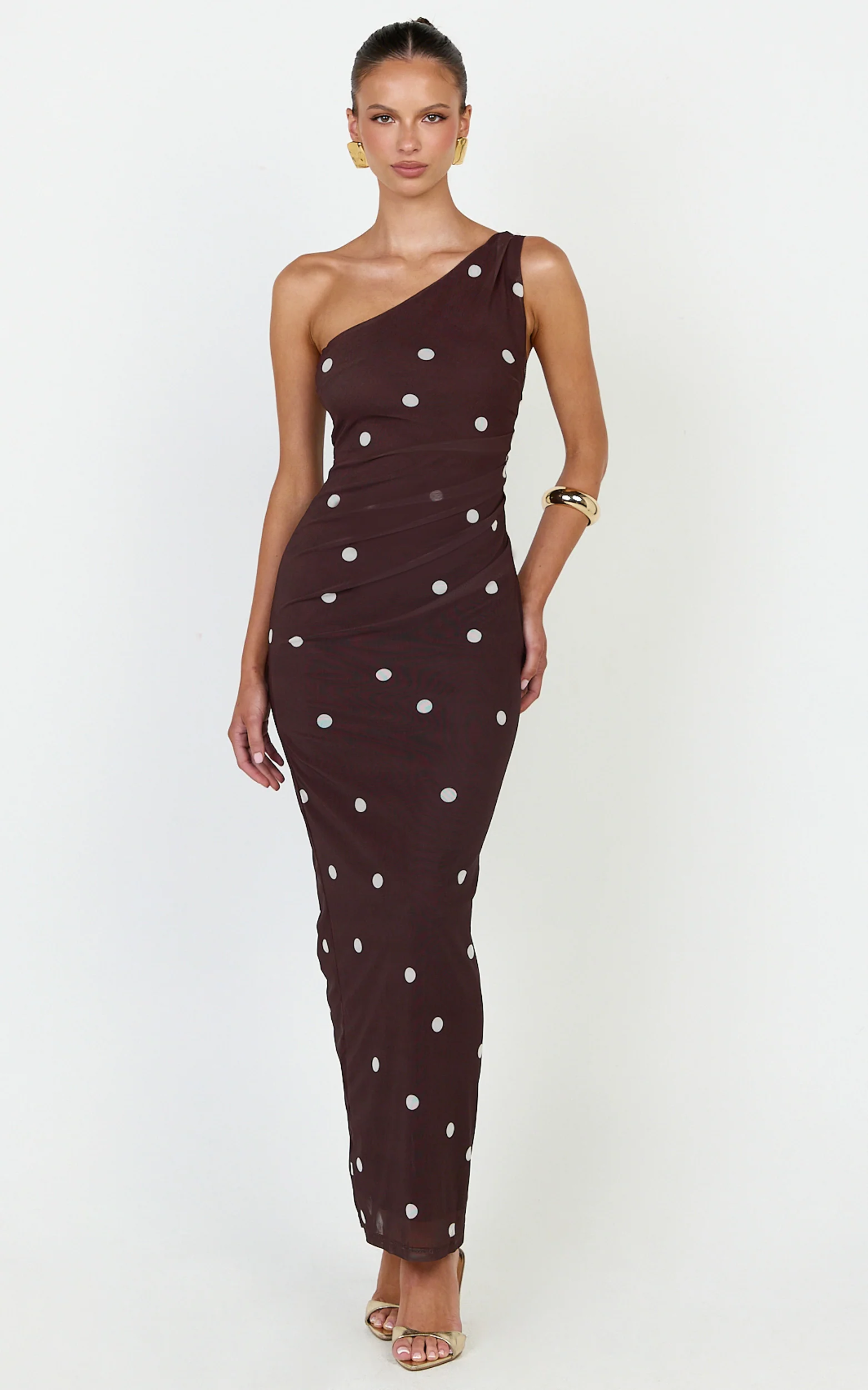 Criselda Maxi Dress - One Shoulder Maxi Dress in Chocolate Polkadot