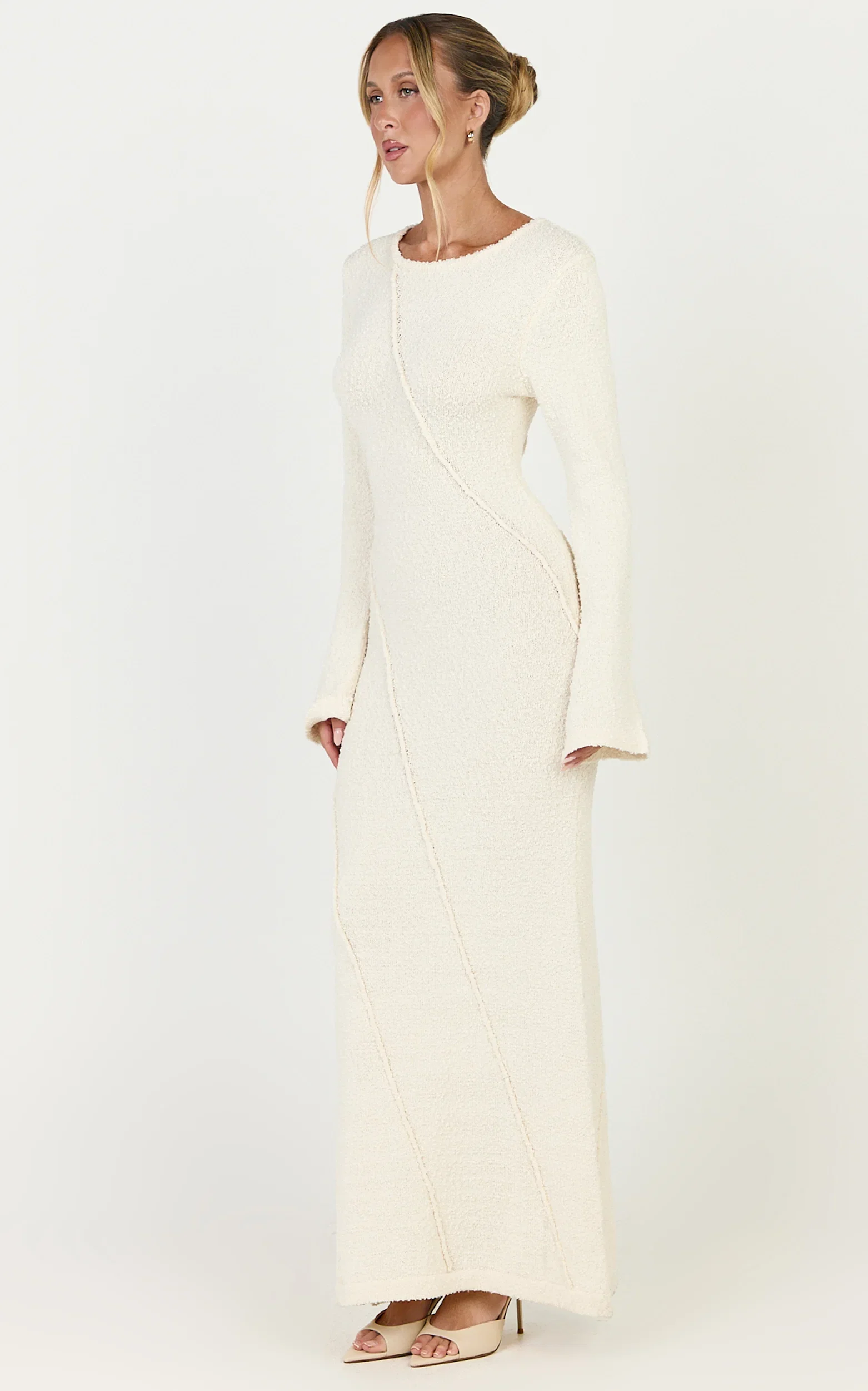 Delilah Maxi Dress - Long Sleeve Seam Detail Boucle Knit Dress in Cream