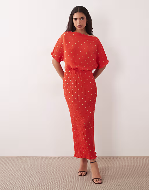 Never Fully Dressed Tilly off shoulder plisse maxi dress in red