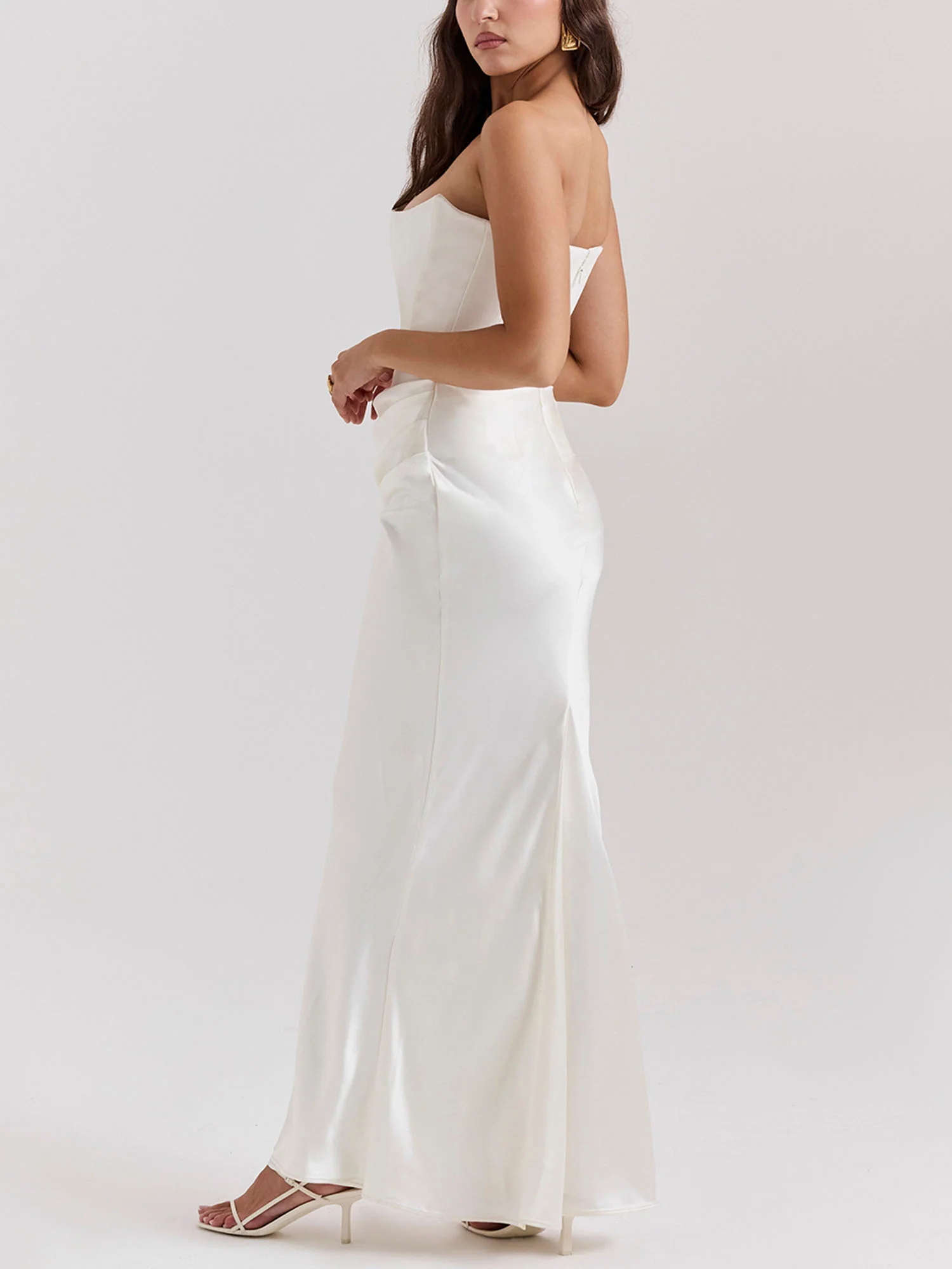 White Strapless Draped Bodycon Maxi Dress