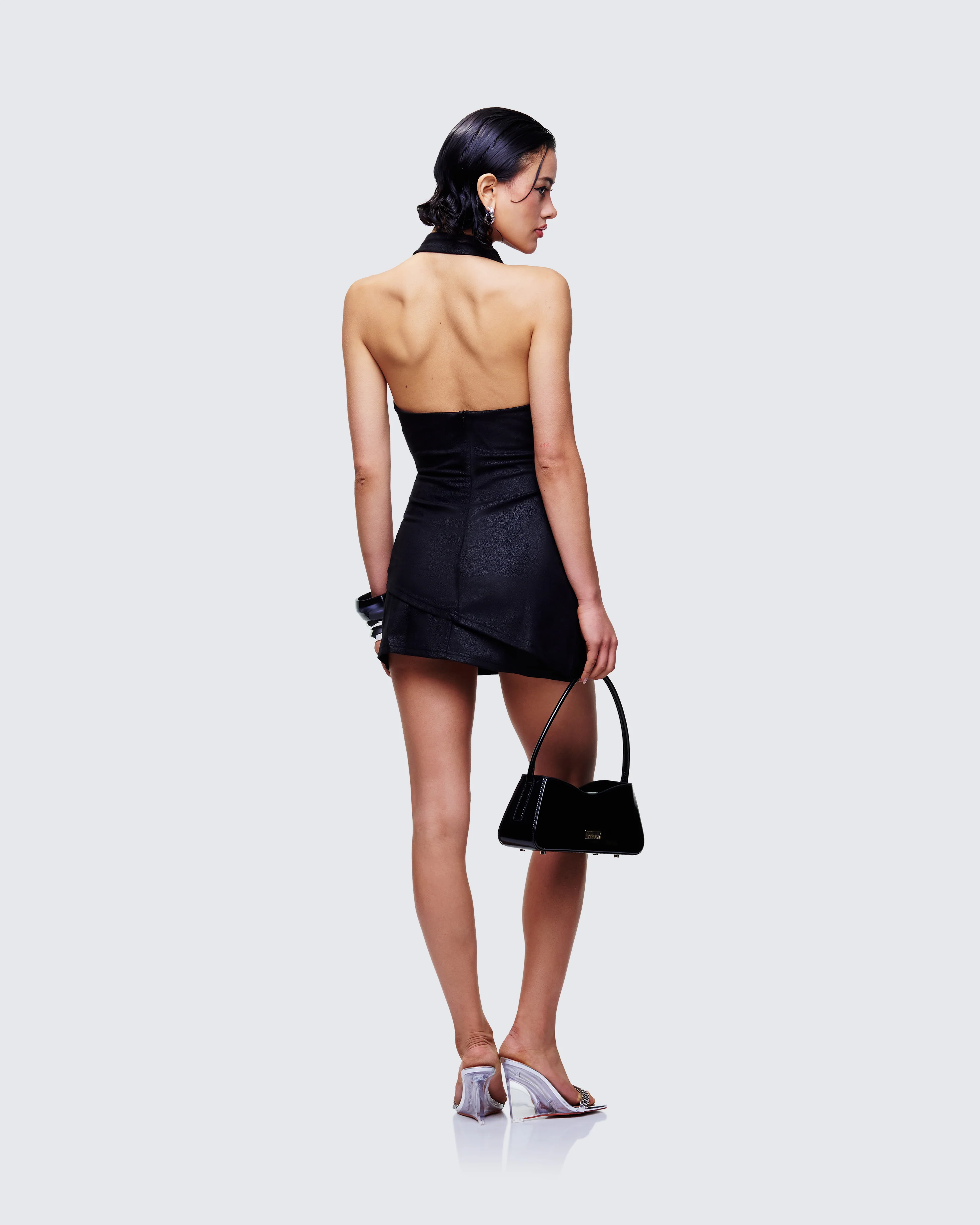 Mina Black Halter Eyelet Leather Look Dress