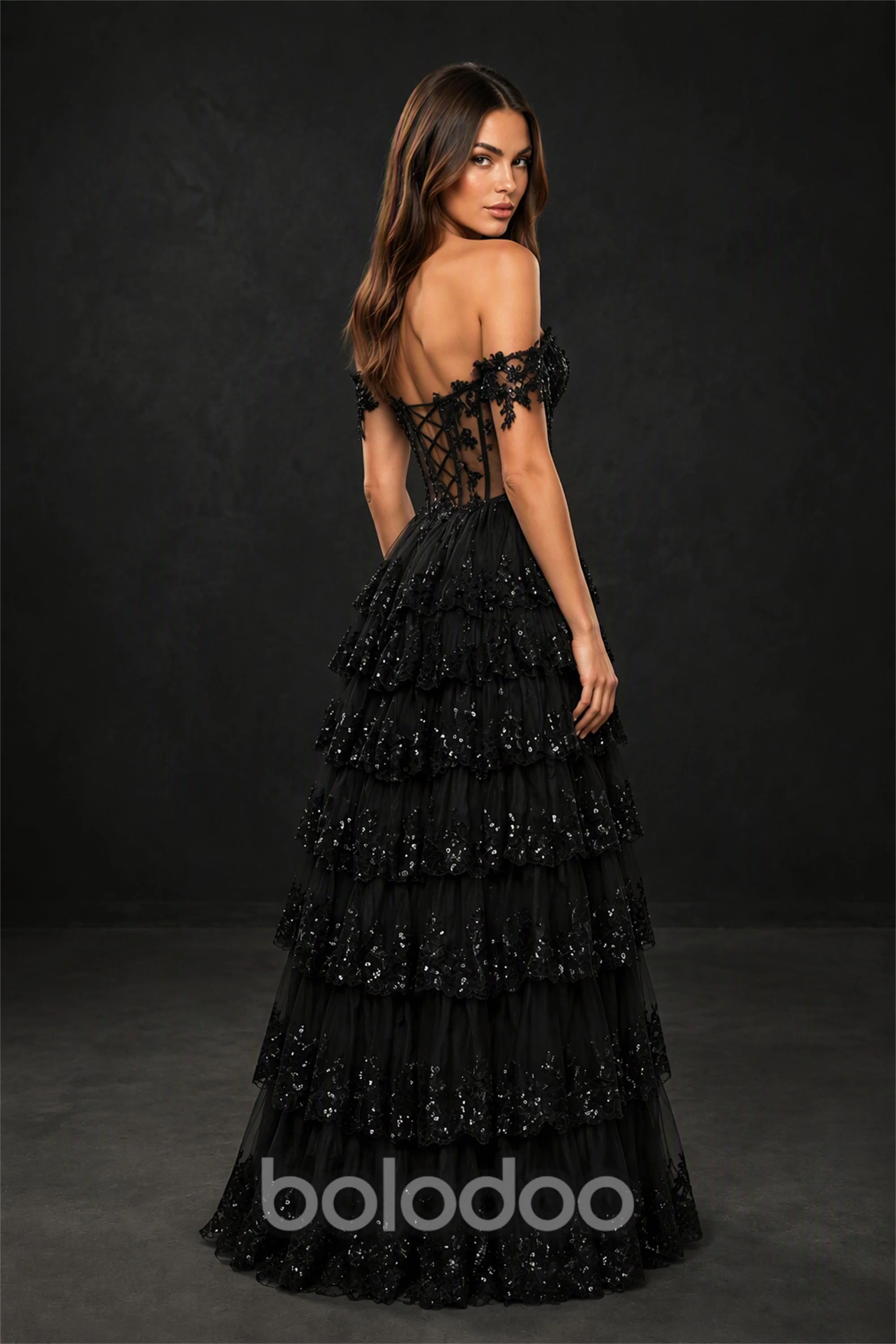 BOLODOO Black Off-Shoulder Sheer Corset 3D Floral Tiered Sequin Tulle Ball Gown | Prom & Formal Evening Dress