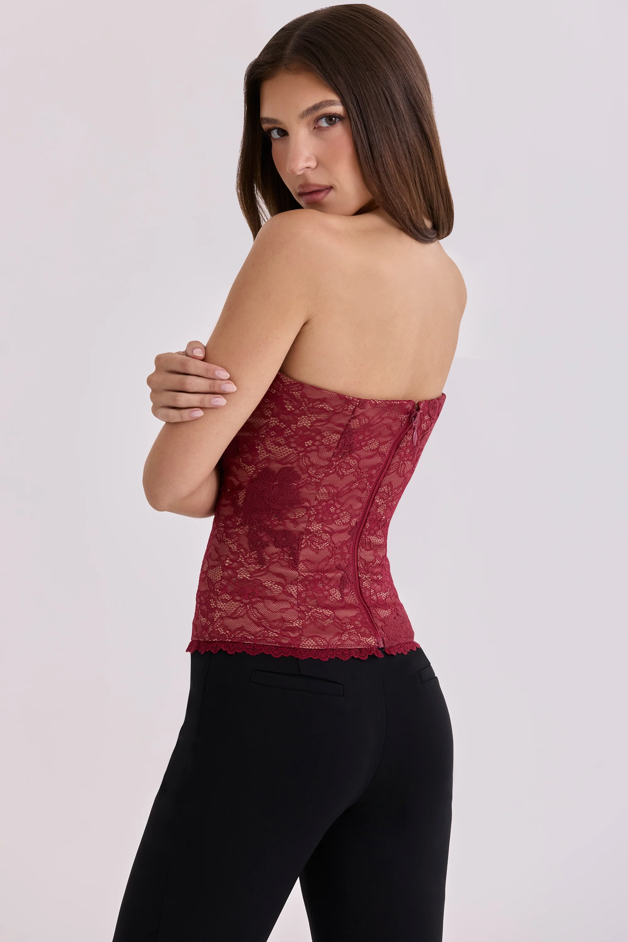 Wine Lace Strapless Corset Top