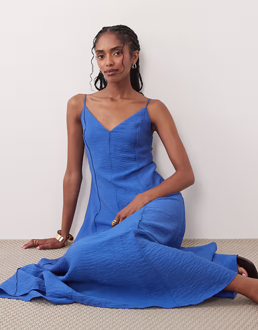 Mango seam detail strappy maxi dress in electric blue