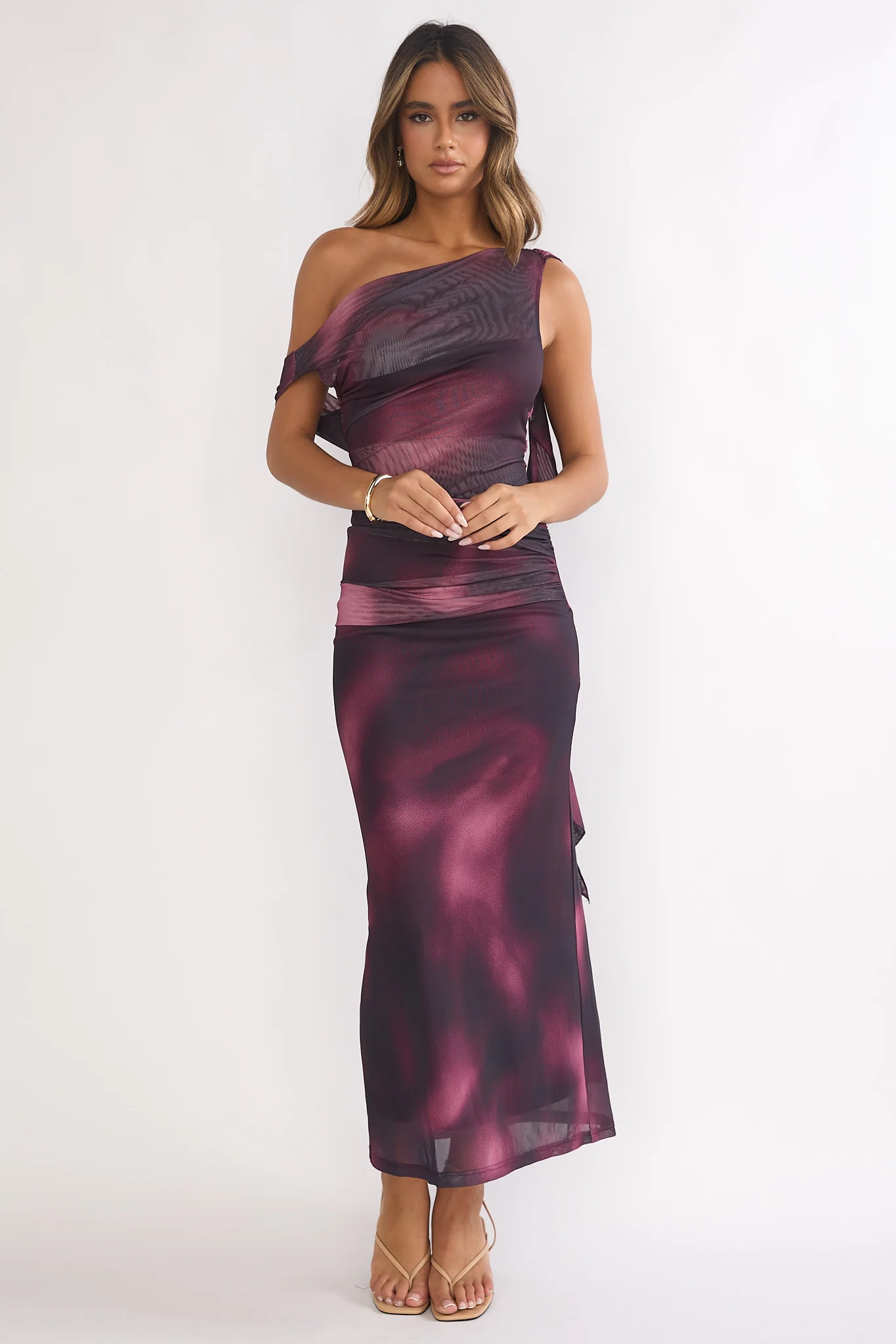 Saffra Shoulder Sash Ruched Maxi Dress Print Wine - luluinthesky