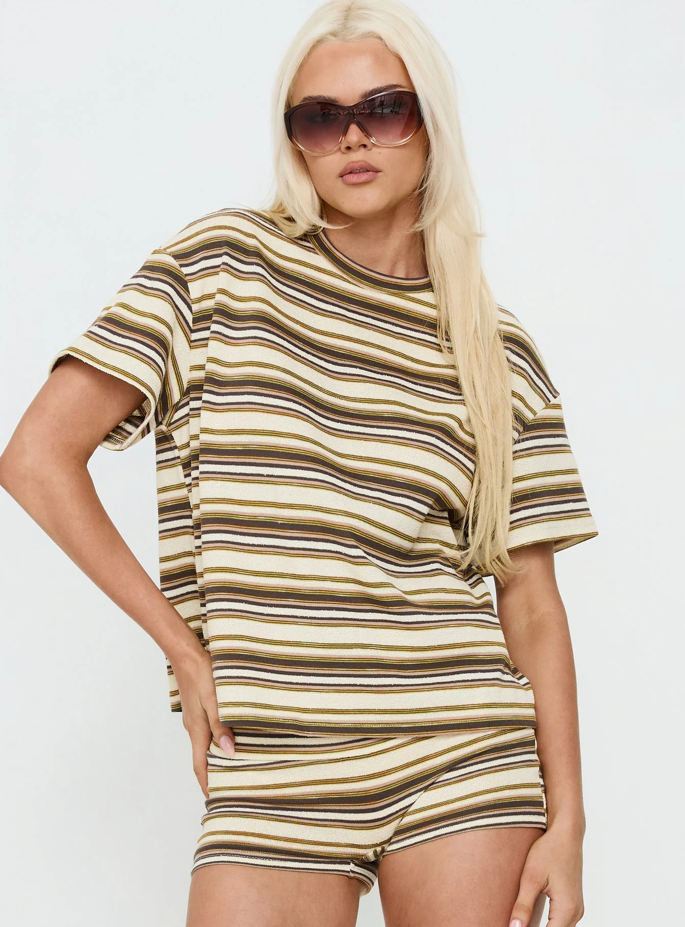 Rubez Terry Towelling Boxy Top Brown Stripe