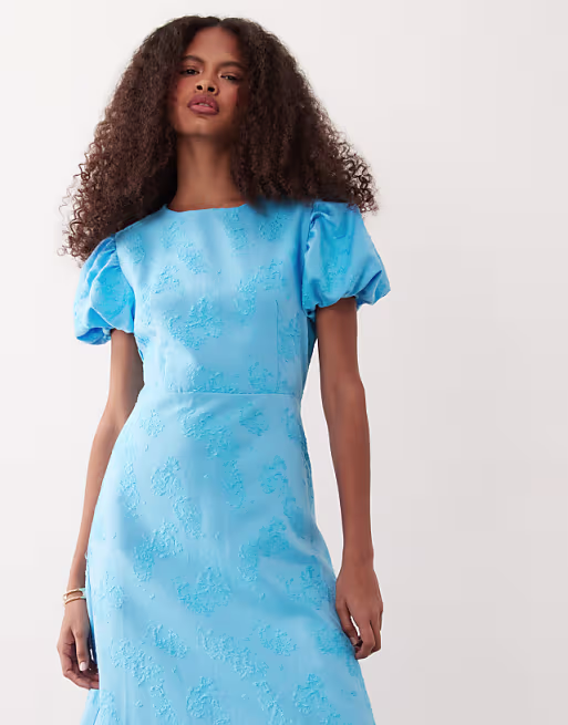 Sister Jane exclusive jacquard puff sleeve structured hem midi dress in light blue