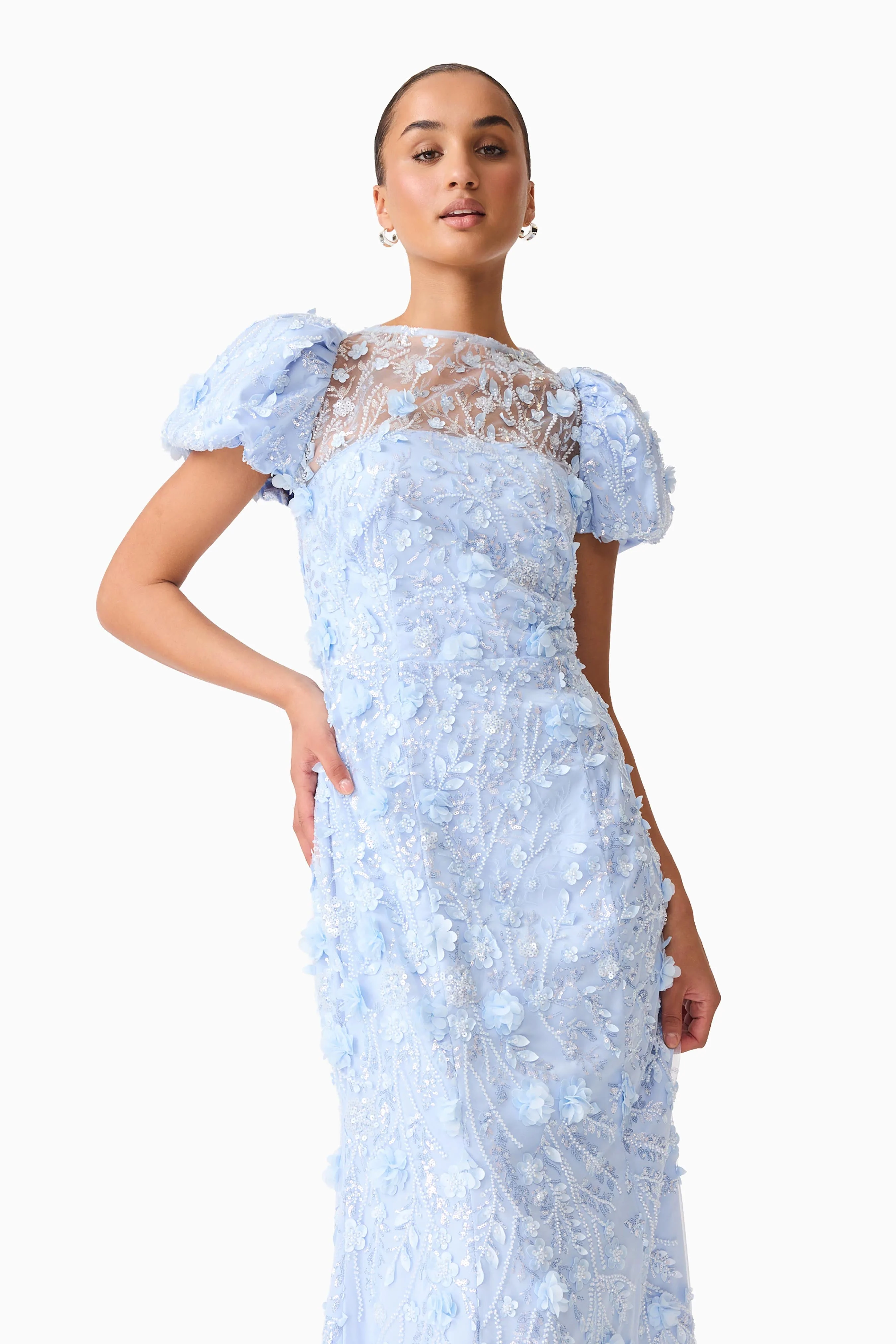 Rina Beaded Puff Sleeve Gown in Blue
