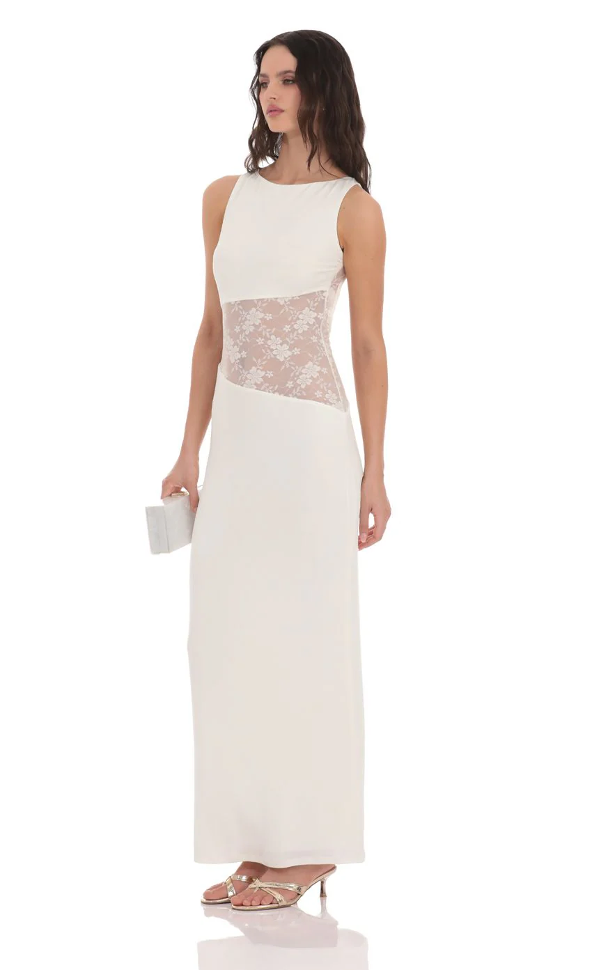 Lace Cutout Maxi Dress in White - luluinthesky