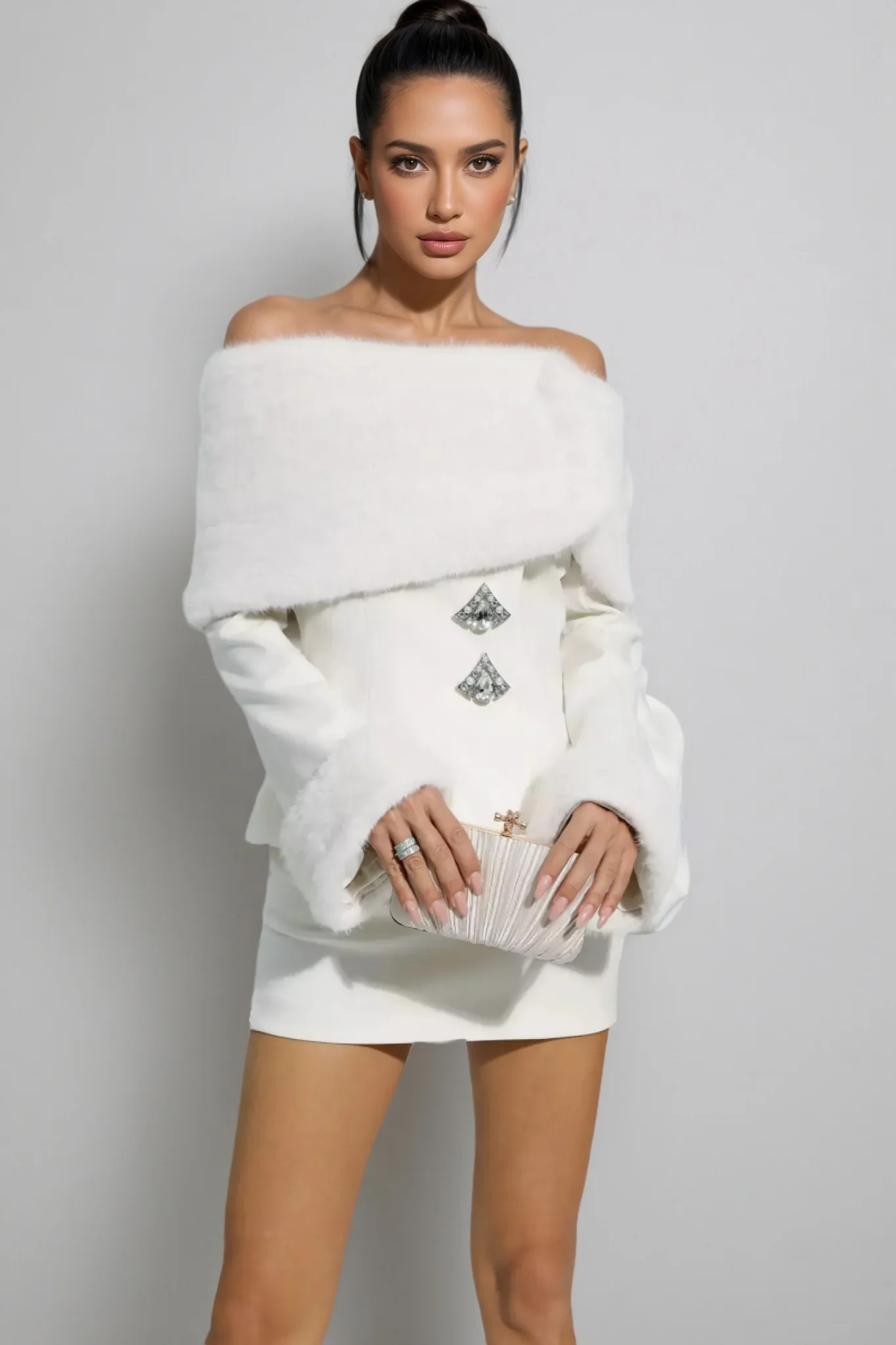 Irene Furry Coat Mini Dress Two-Piece Set