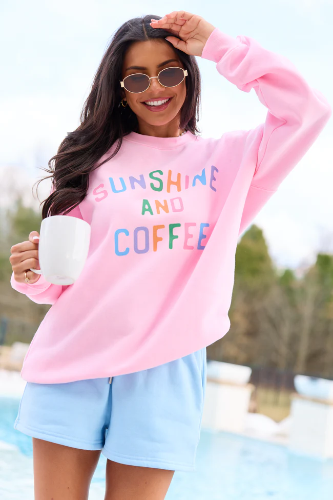 Sunshine And Coffee Light Pink Graphic Sweatshirt