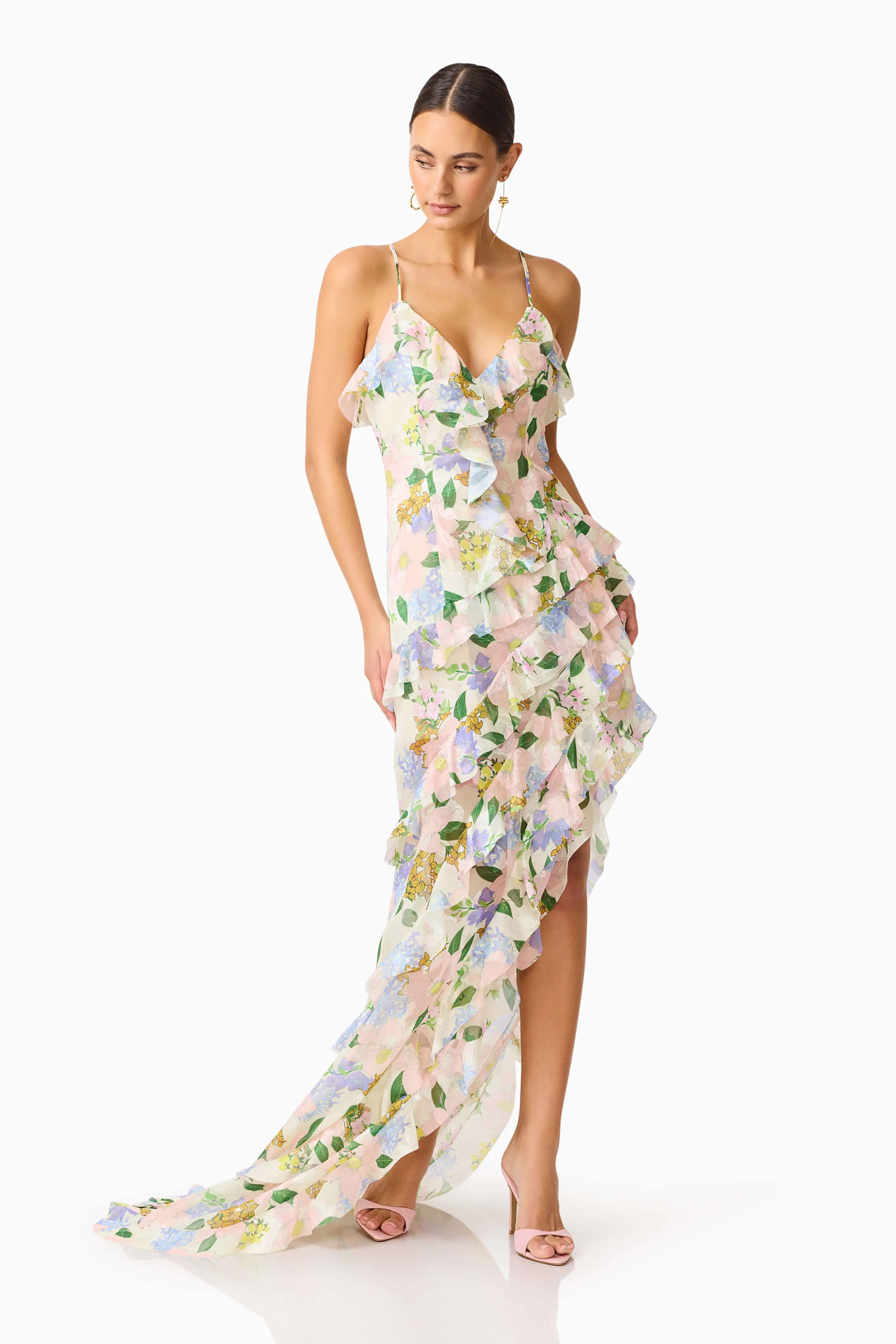 Cosima Asymmetrical Gown In Florals