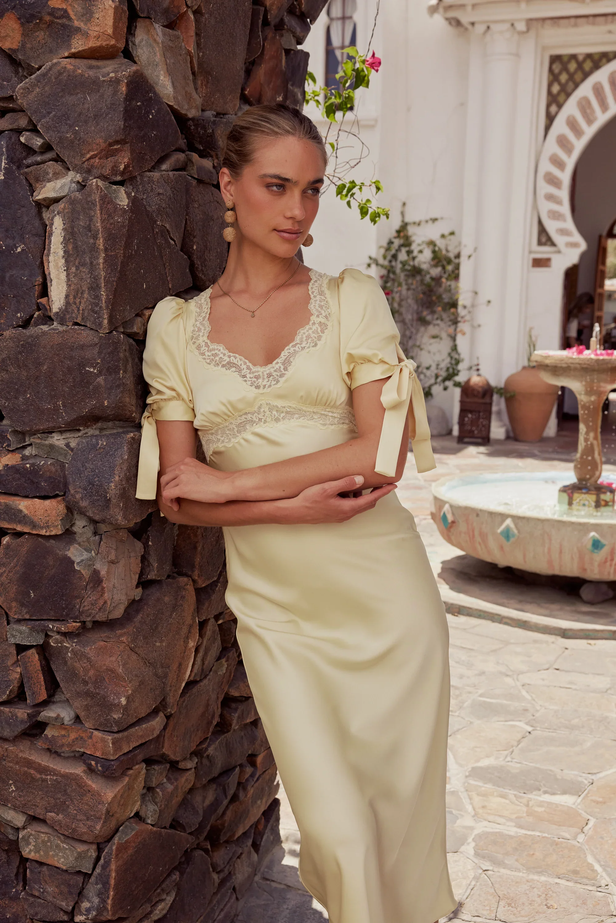 Amanda Lace Trim Maxi Dress in Butter Yellow