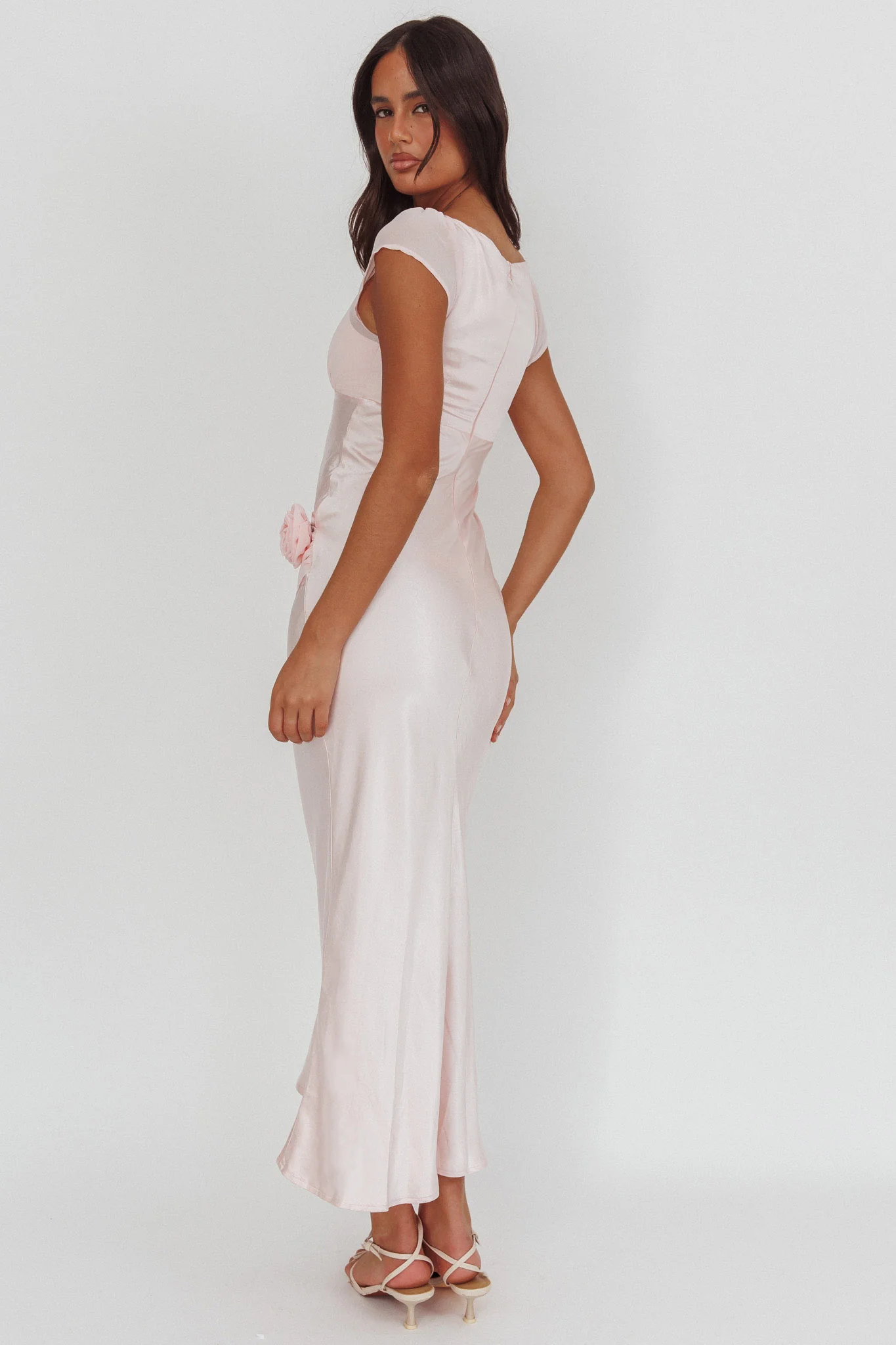 Enchanted Dusk Cap Sleeve Rosette Maxi Dress Pink