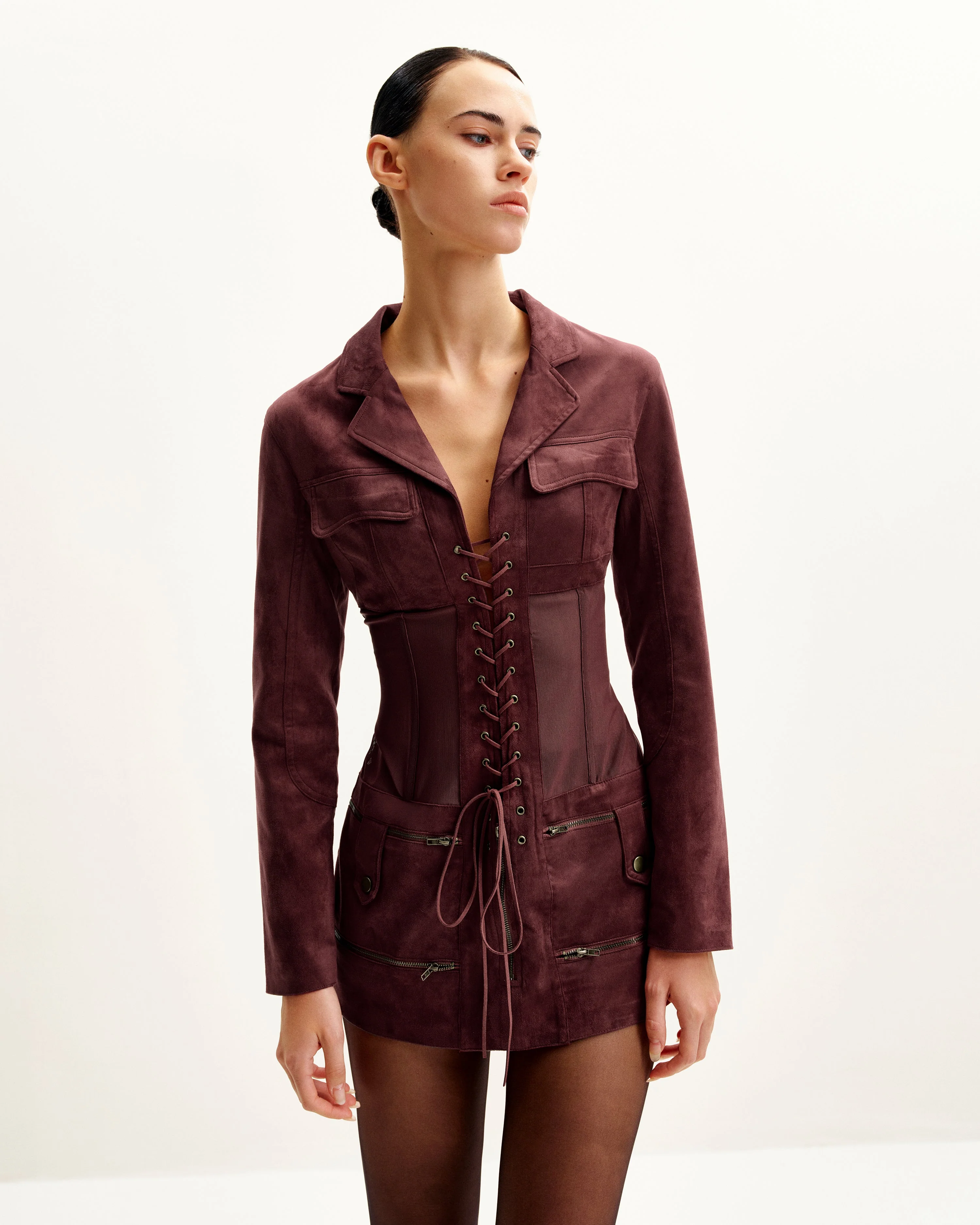 Faux Suede Corset Jacket Mini Dress - Claret - FASHION NOB