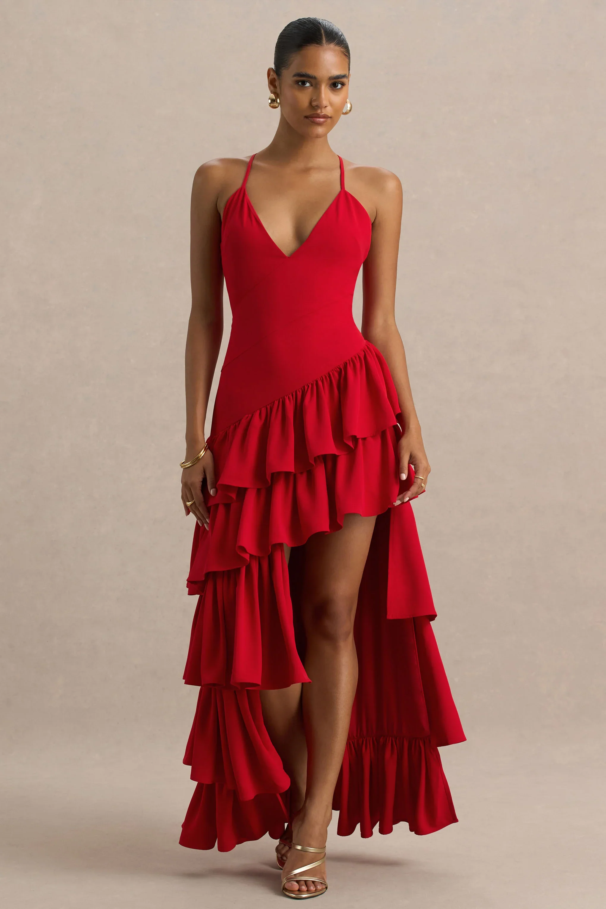 Bogota | Red Plunge-Neck Maxi Dress With Ruffling Details And Front High Split