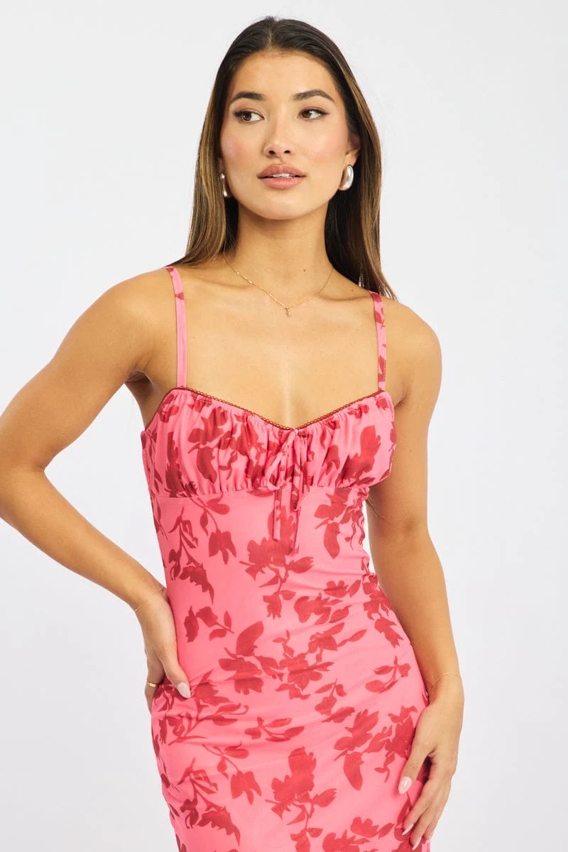 Pink Floral Bodycon Dress Midi