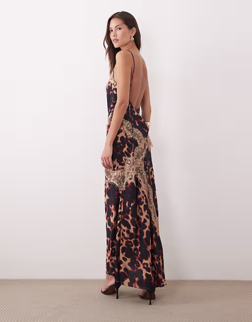 overlay lace trim midaxi dress with back detail in leopard print