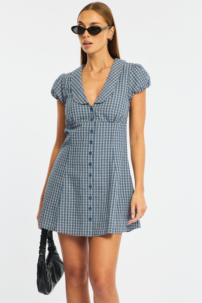 Blue Check Shirts Dress Collared Mini