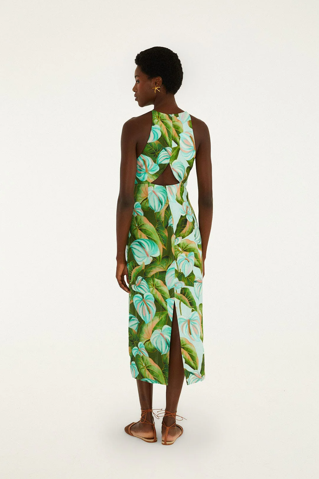 Green Anthurium Leaves Cut-Out Midi Dress