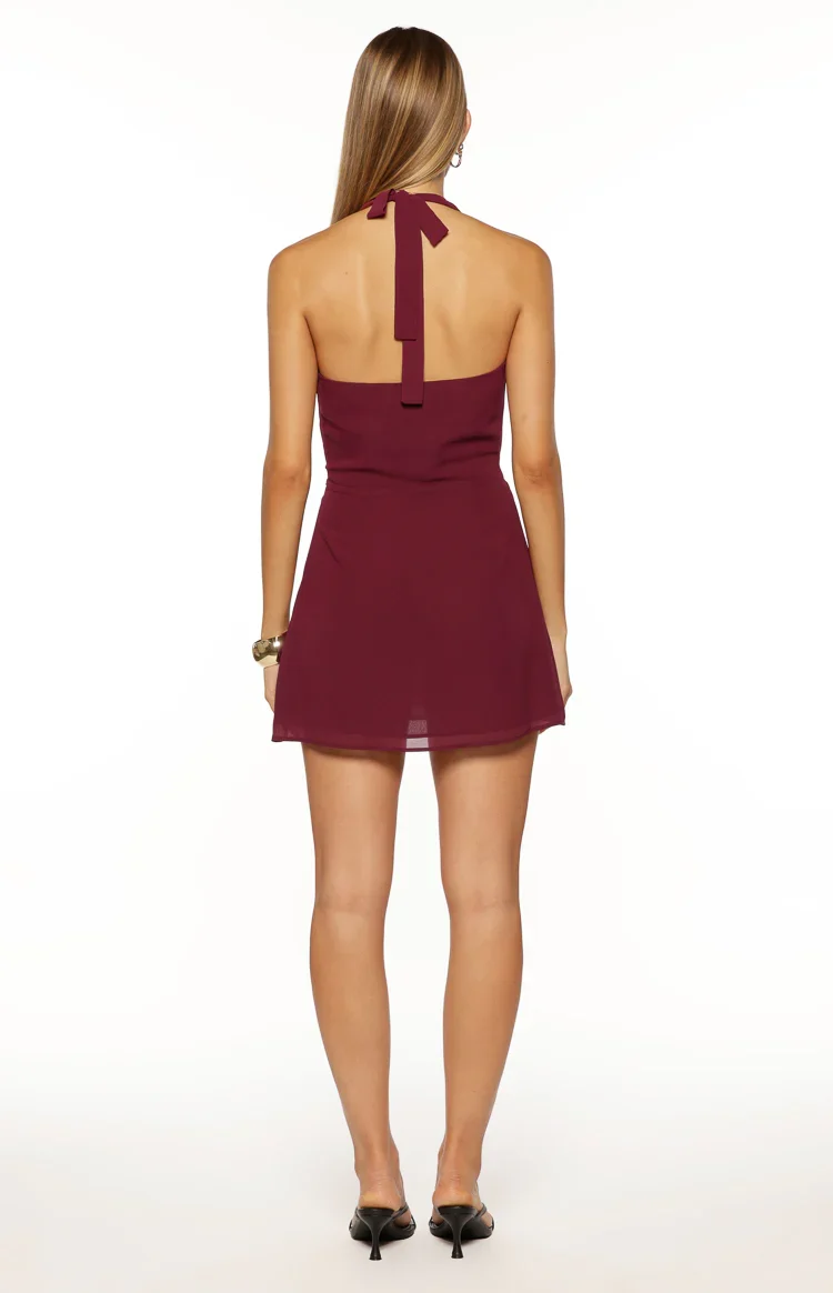 Jazmene Burgundy Halter Neck Wrap Mini Dress