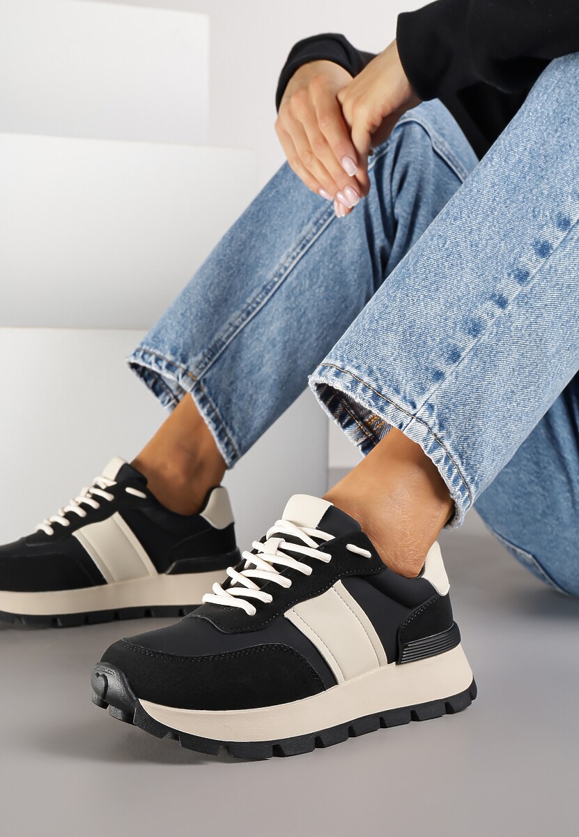 Czarno-Beżowe Sneakersy na Platformie z Tłoczeniem Tillivalle