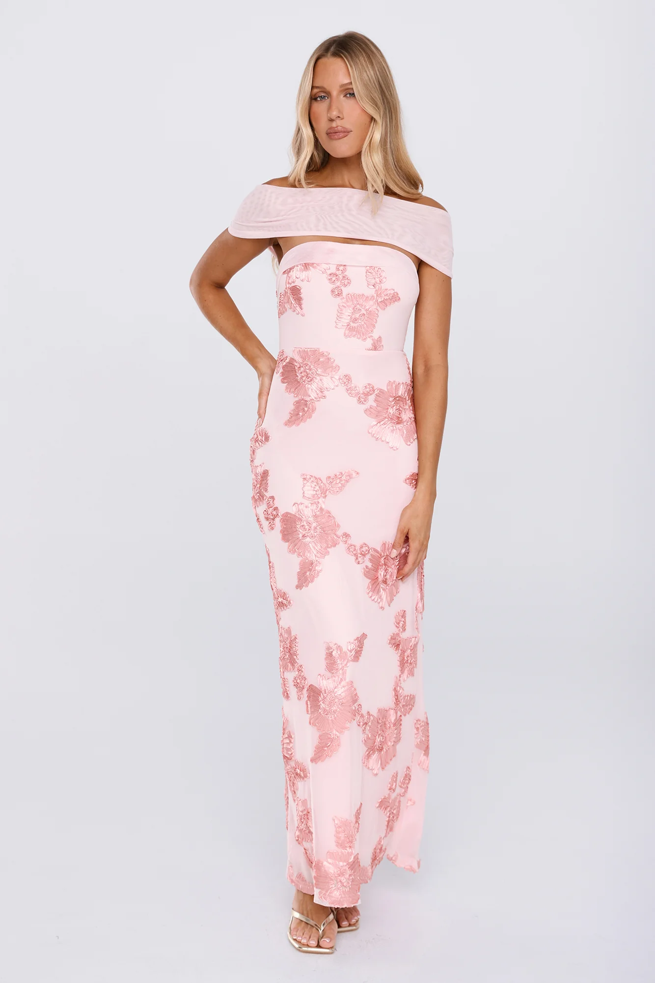 Worth the Plans Mesh Off Shoulder Maxi Dress Pink