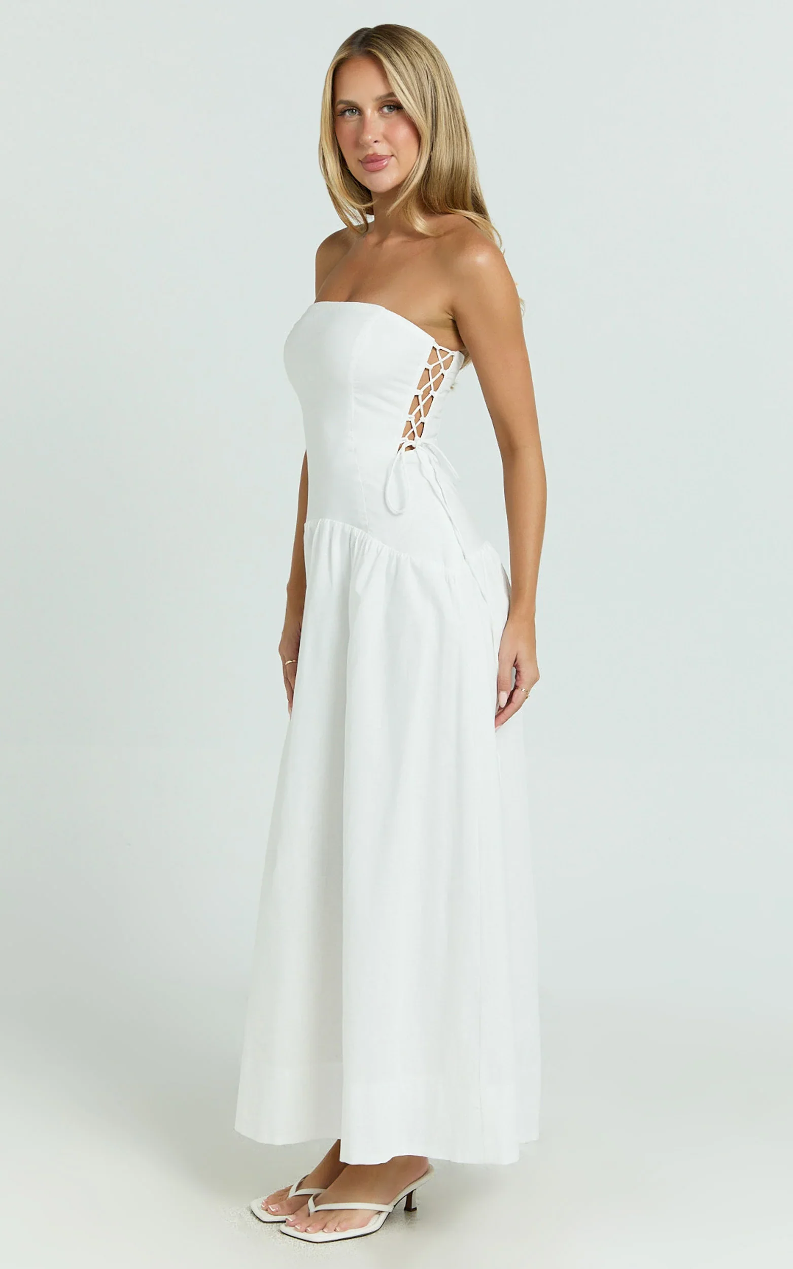 Mikkie Midi Dress - Strapless Drop Waist Side Detailing Dress in White