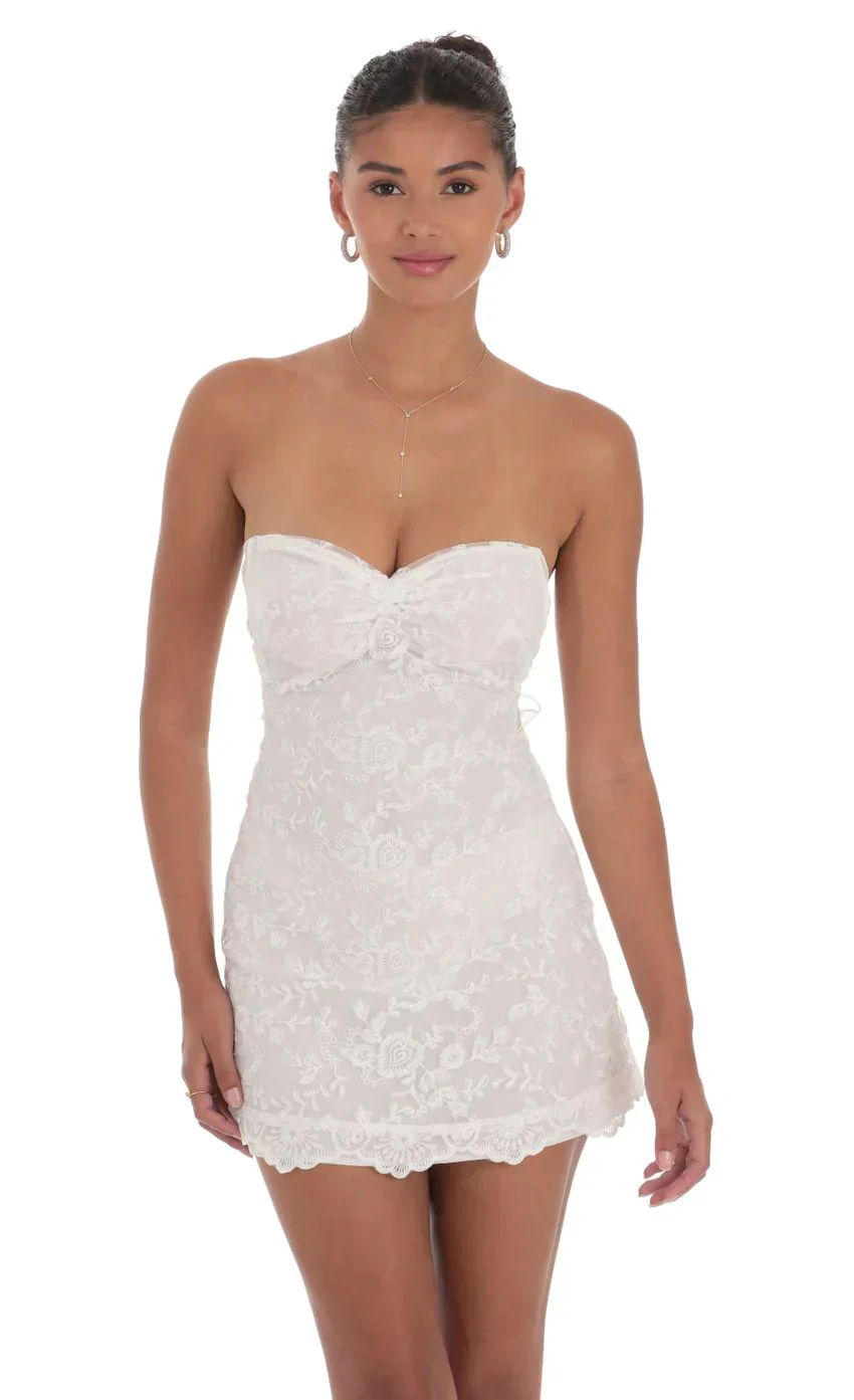 Embroidered Floral Strapless Dress in White