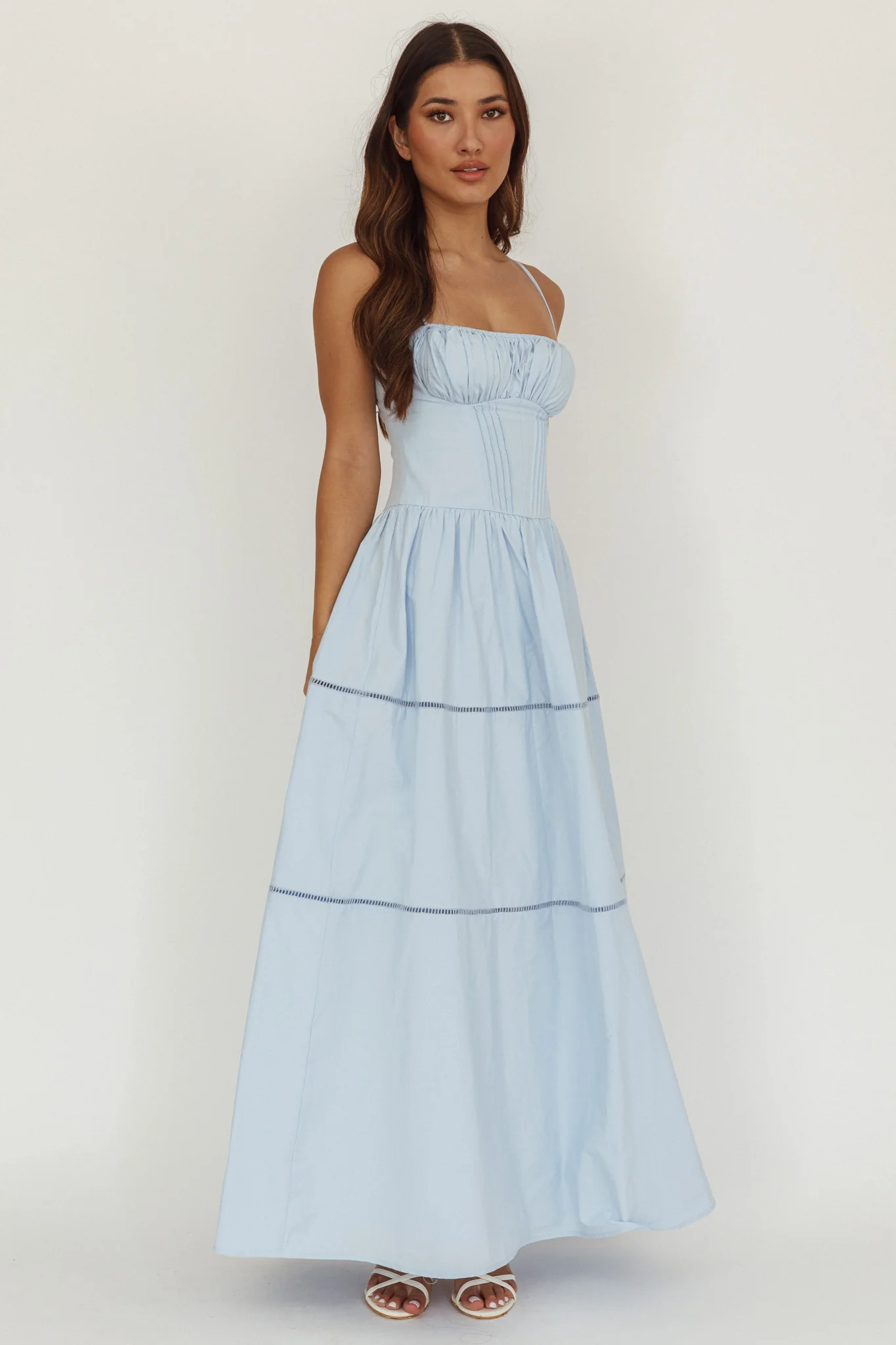 Heavenly Glow Gathered Bust A-Line Maxi Dress Blue