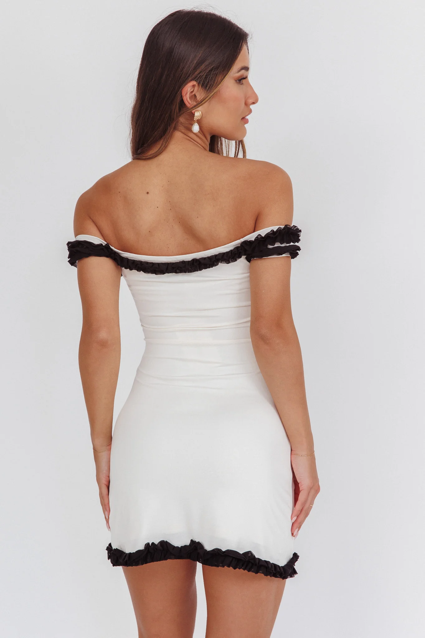 Maysie Off-Shoulder Frill Trim Mini Dress Cream - luluinthesky