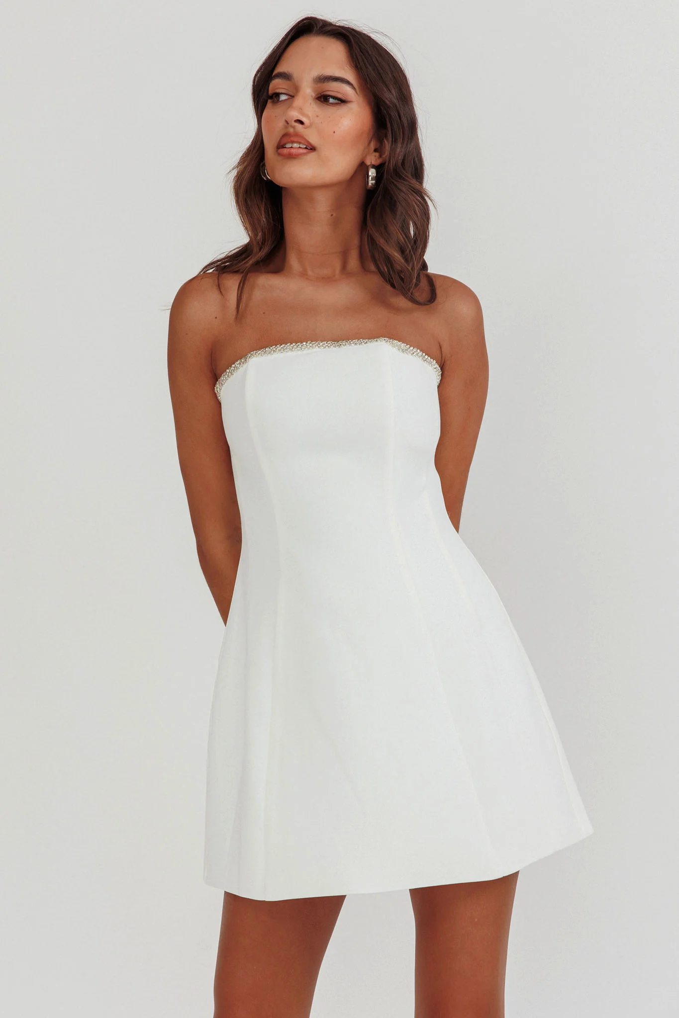 Macaila Rhinestone Trim Strapless Mini Dress Off White - luluinthesky