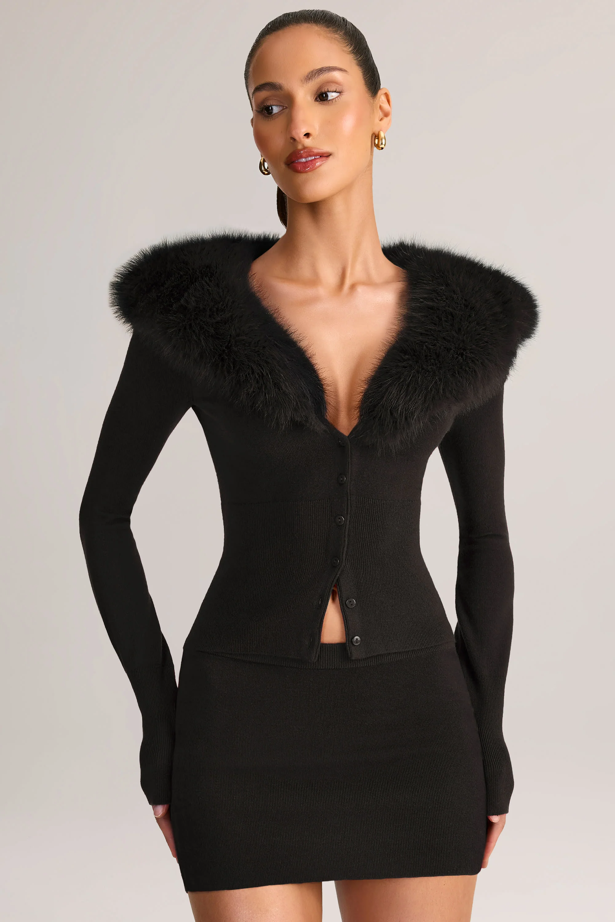 Knit Faux Fur-Trim Cardigan in Black