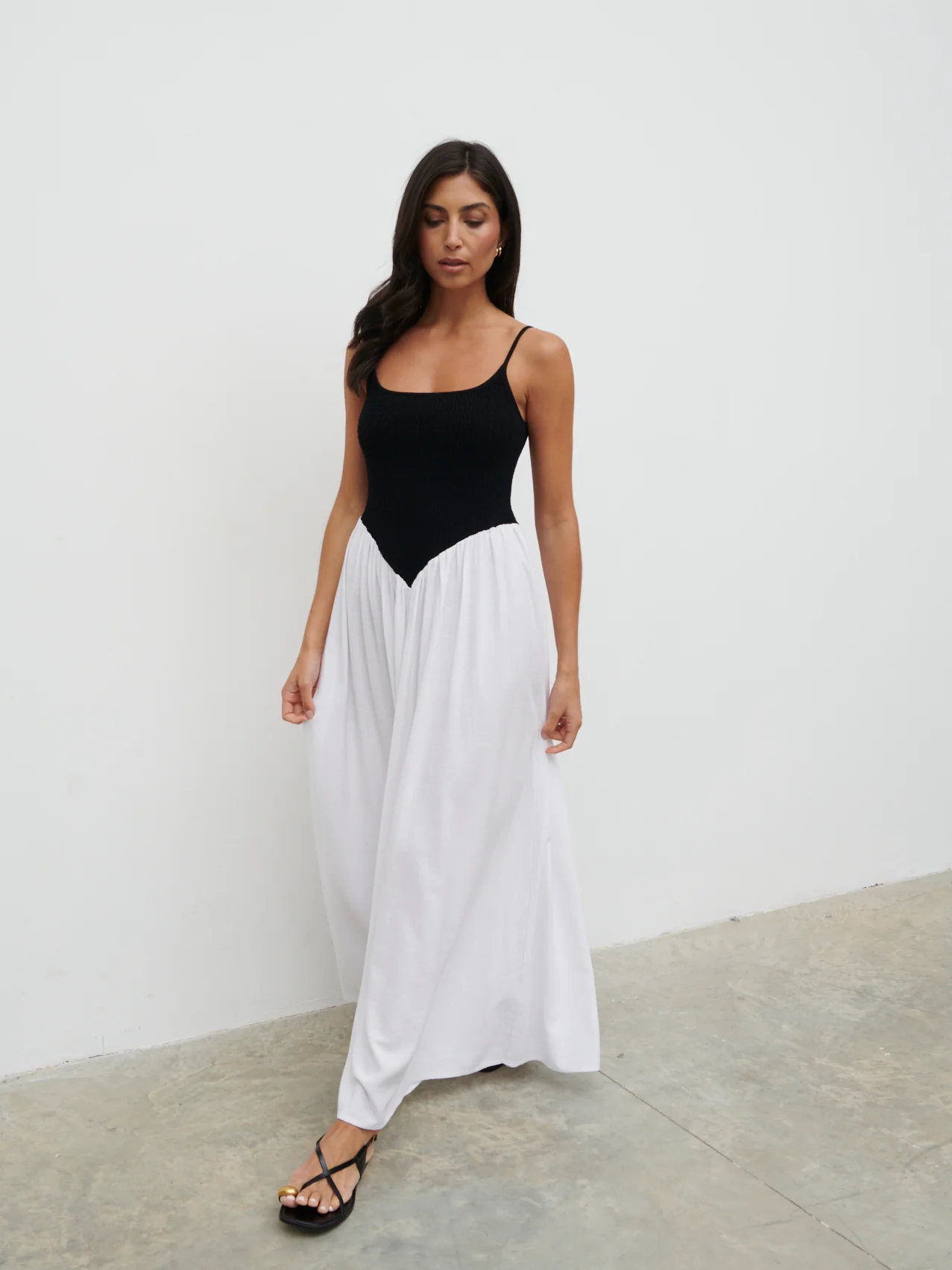 Maude Shirred Contrast Maxi Dress - Black and Cream