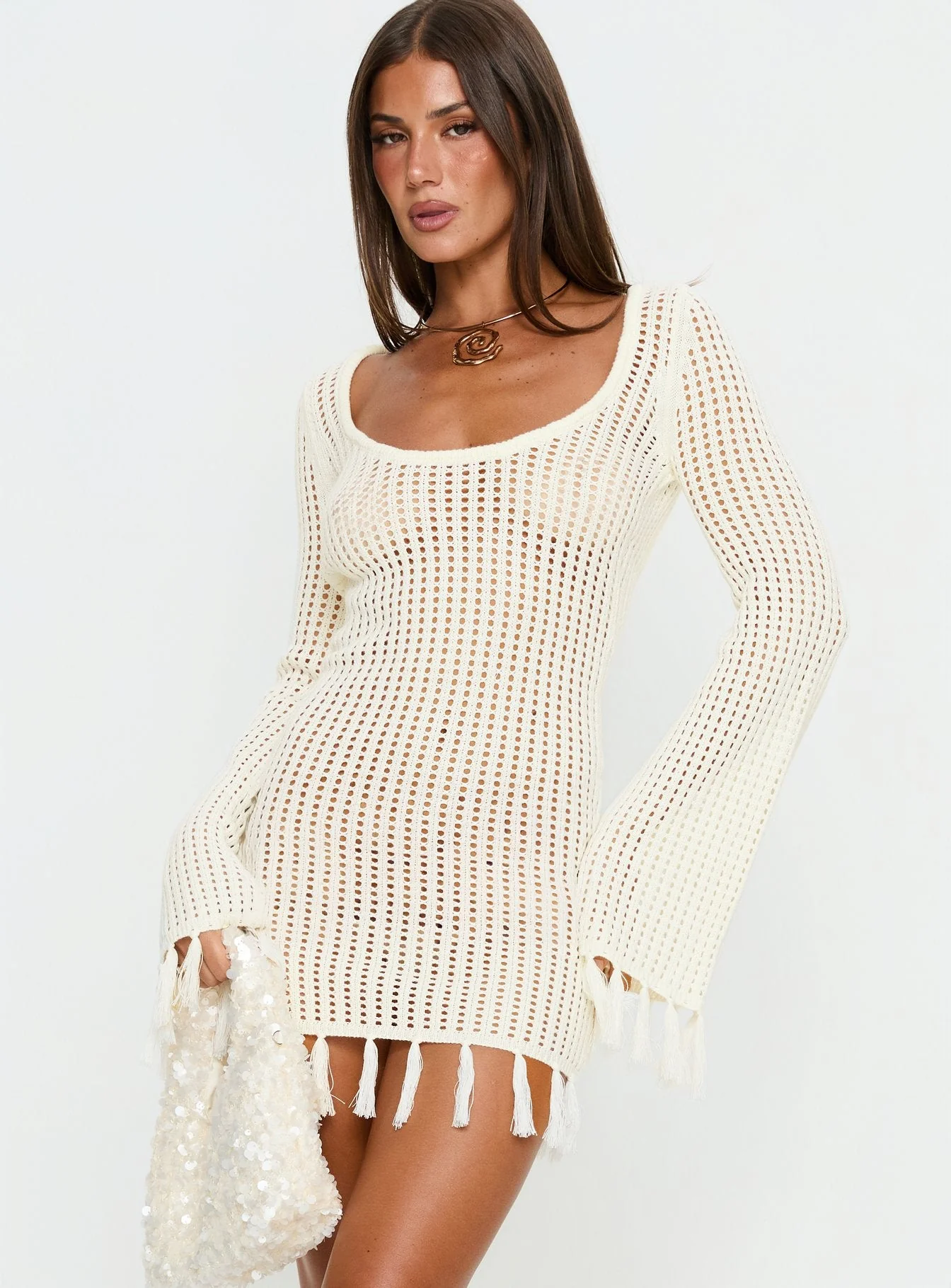 Melosa Long Sleeve Crochet Mini Dress White