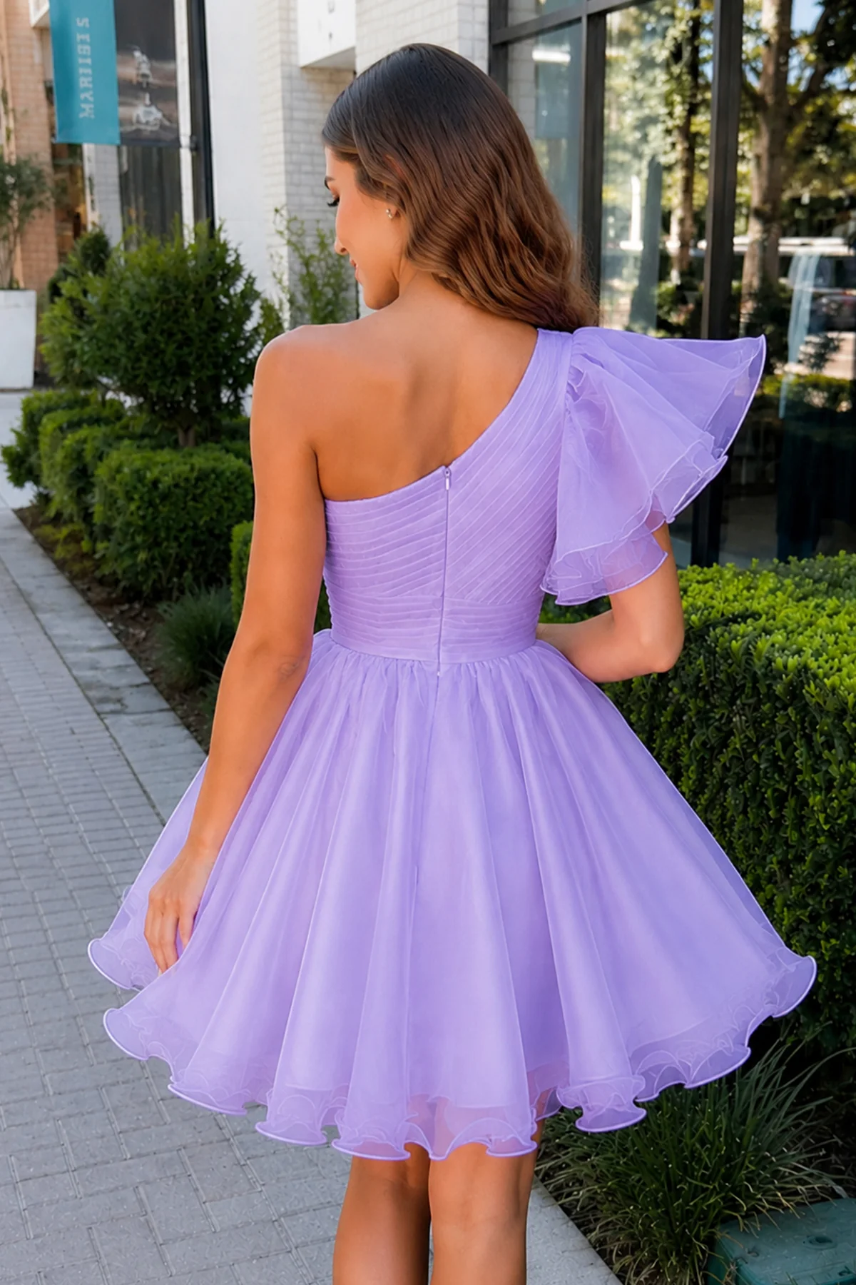 White A-Line Ruffled One-Shoulder Organza Homecoming Dress