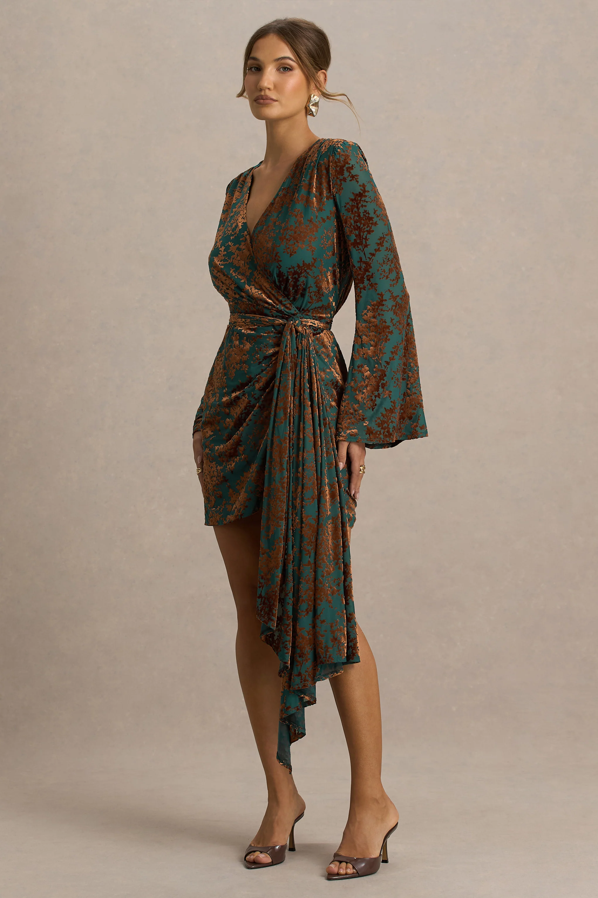 Dimitra | Dark Green And Brown Velvet Devore Plunge-Neck Wrap Mini Dress