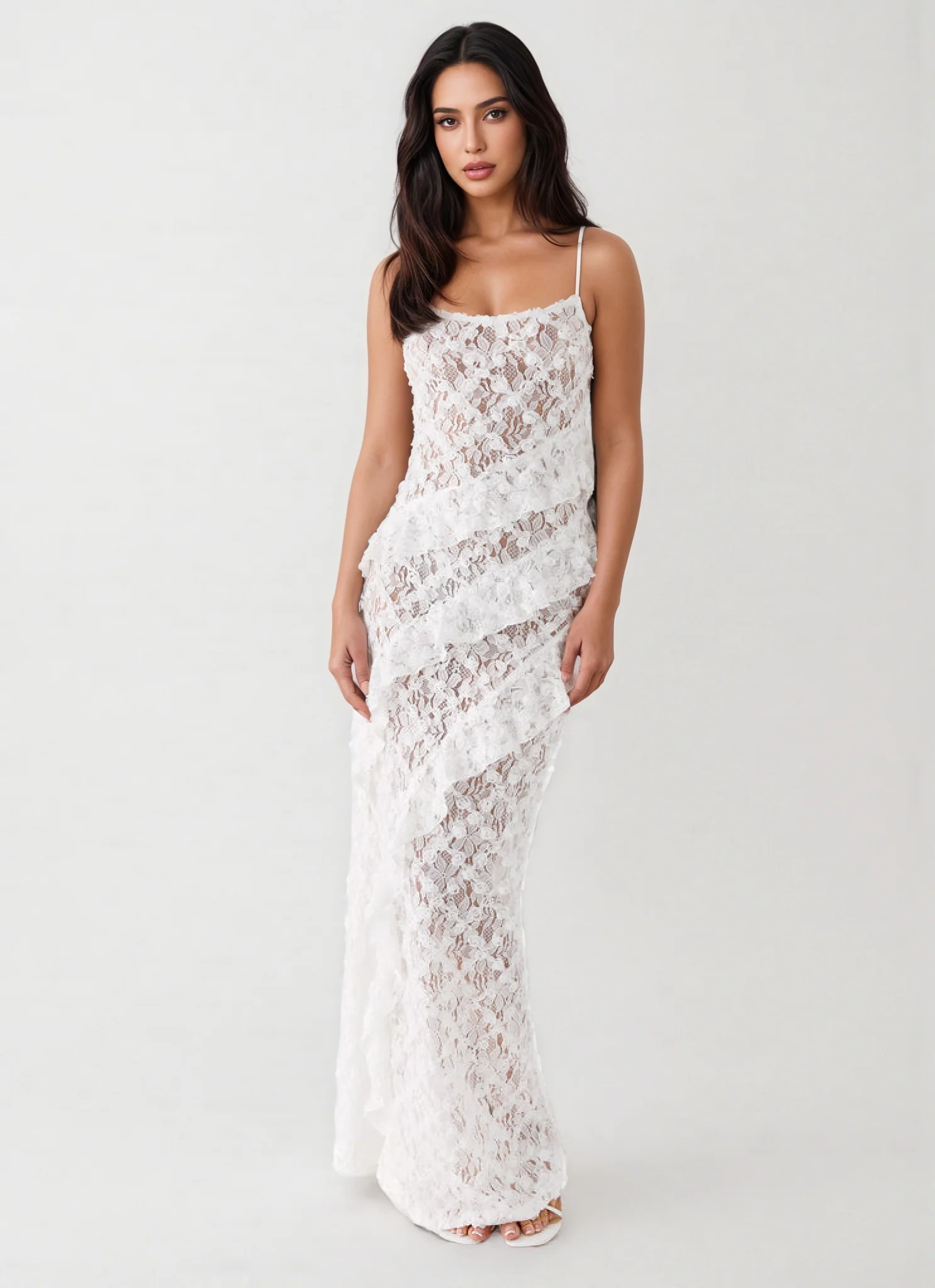 Nevah White Lace Frill Maxi Dress