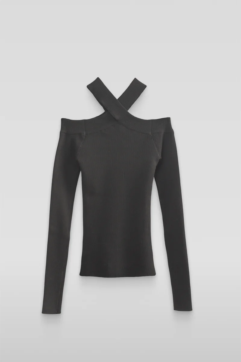 Ribbed Off-The-Shoulder Halter Sweater-Knit Top