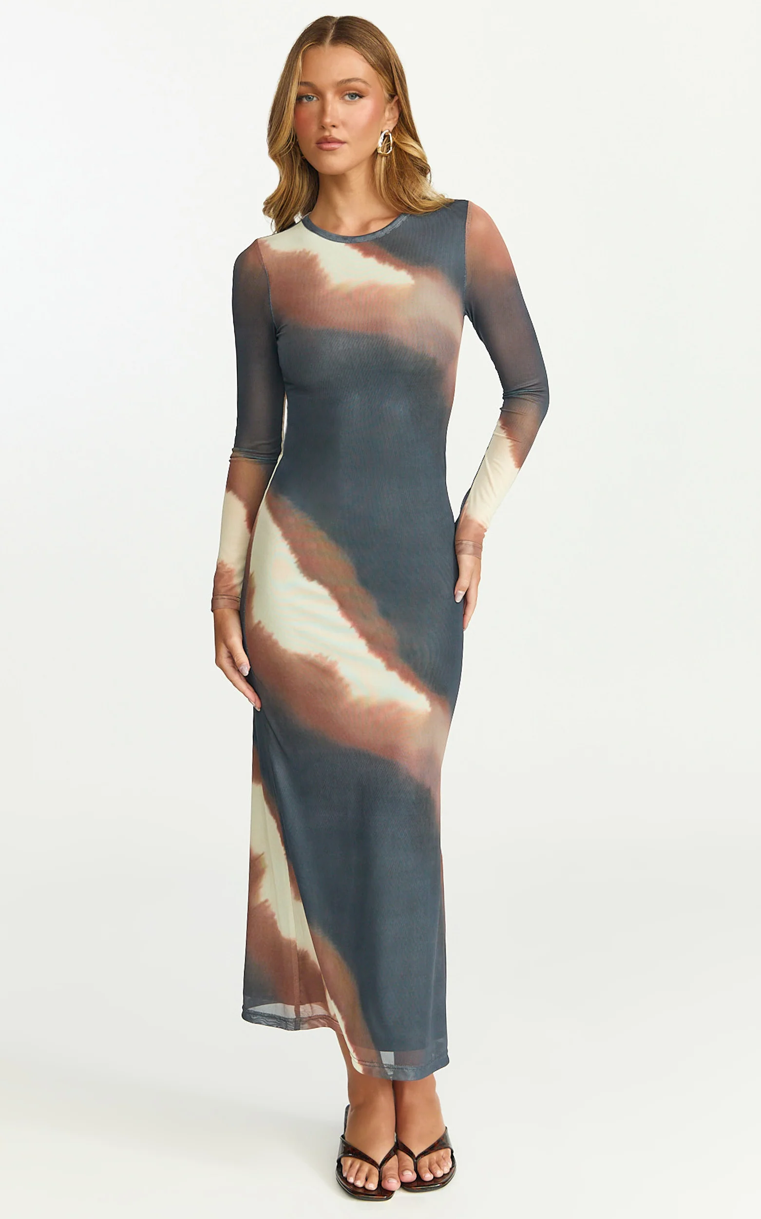 Margot Midi Dress - High Neck Long Sleeve Mesh Dress in Rust Print