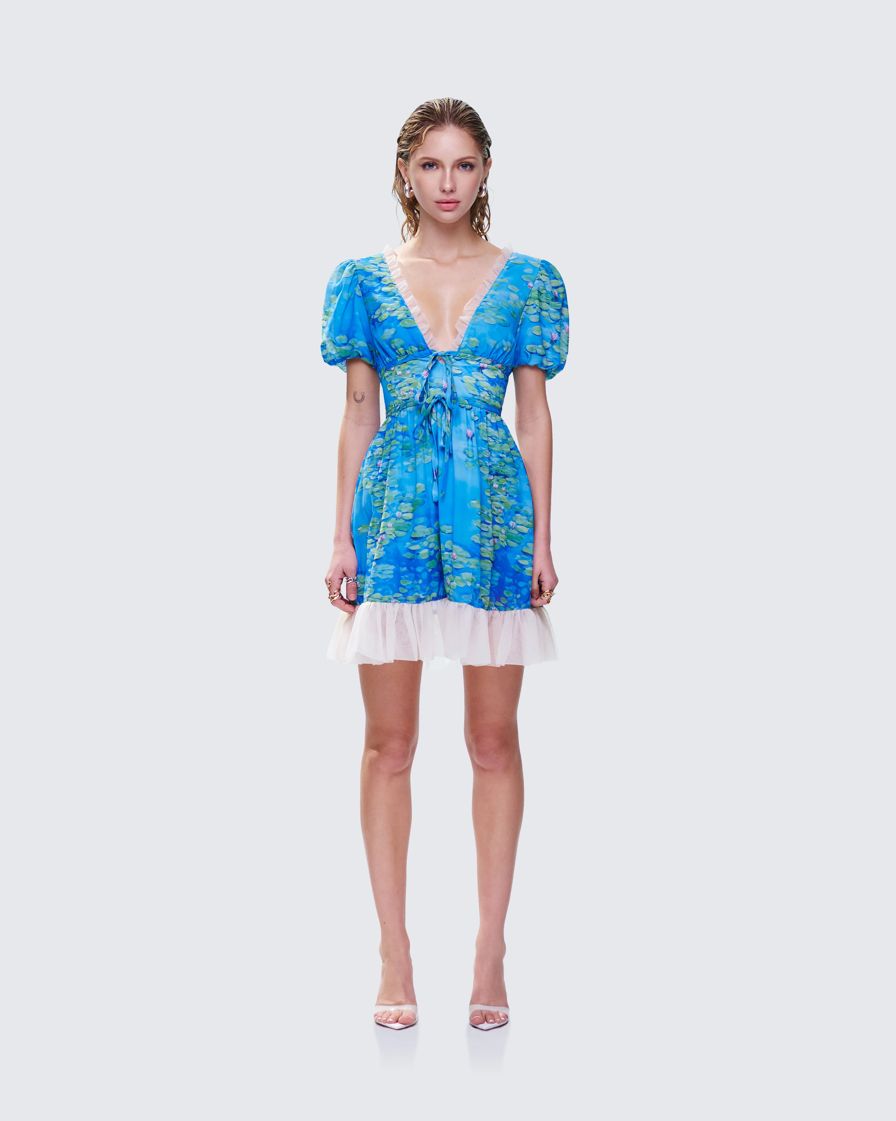 Lacey Blue Water Lilies Print Mini Dress
