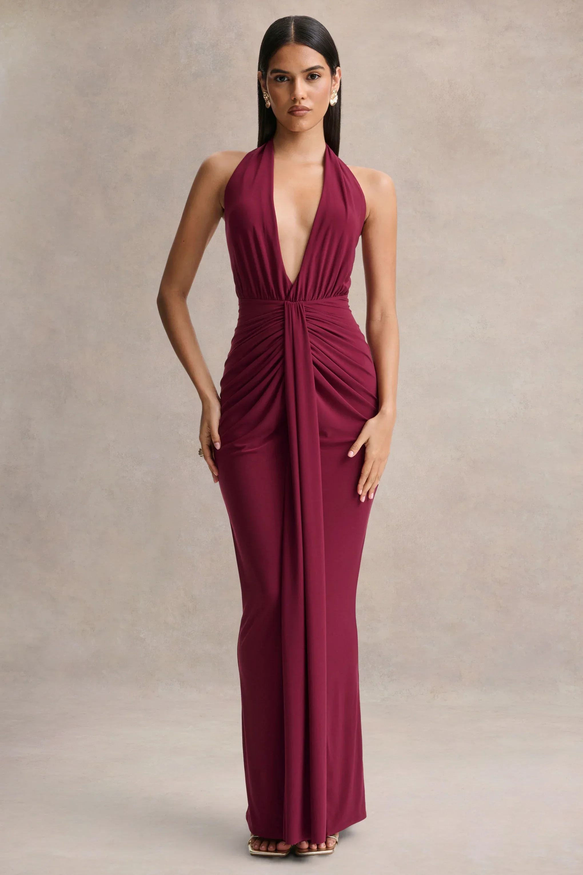 Lesley | Burgundy Plunge-Neck Maxi Dress