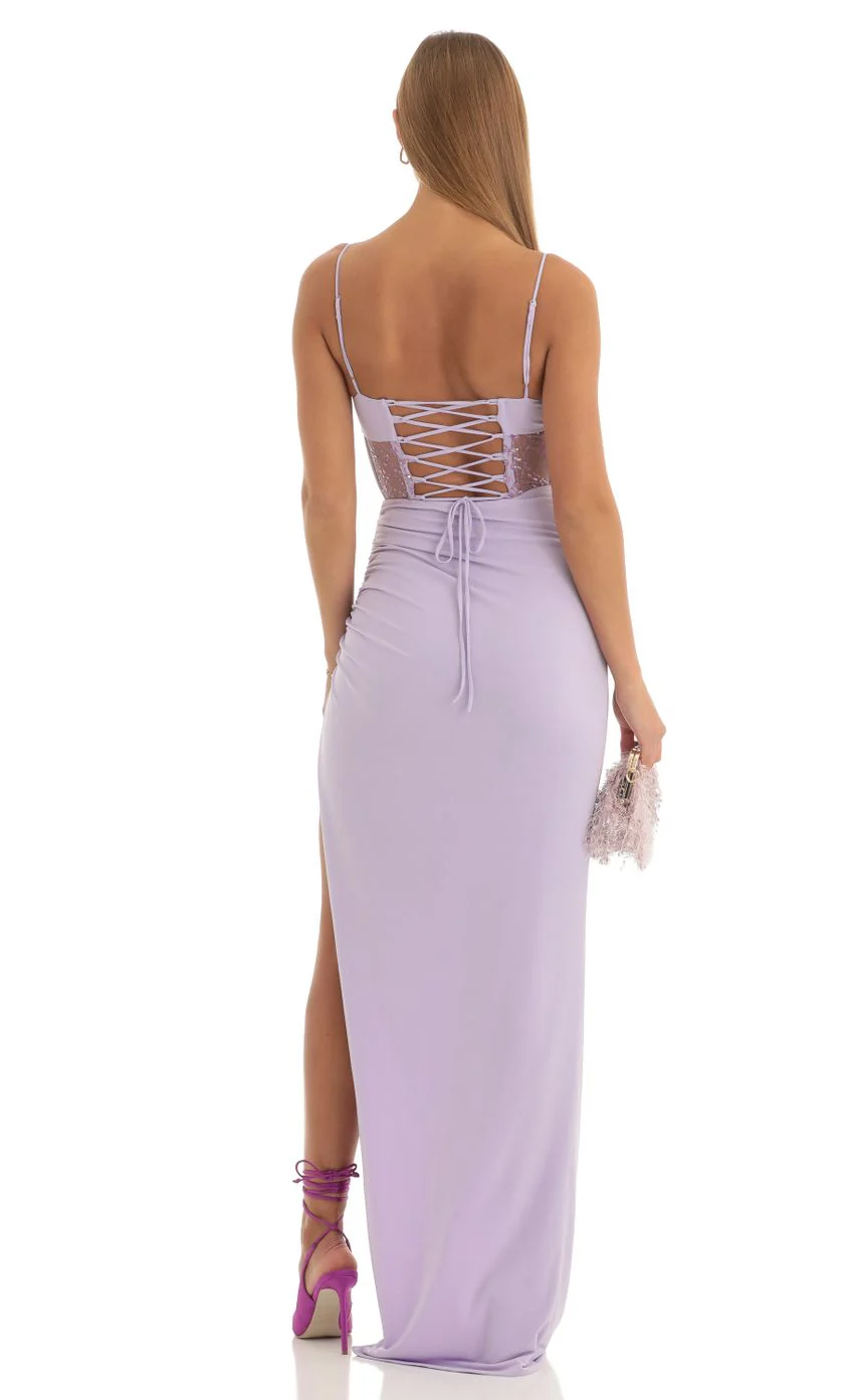 Cutout Glitter Corset Maxi Dress in Purple - luluinthesky
