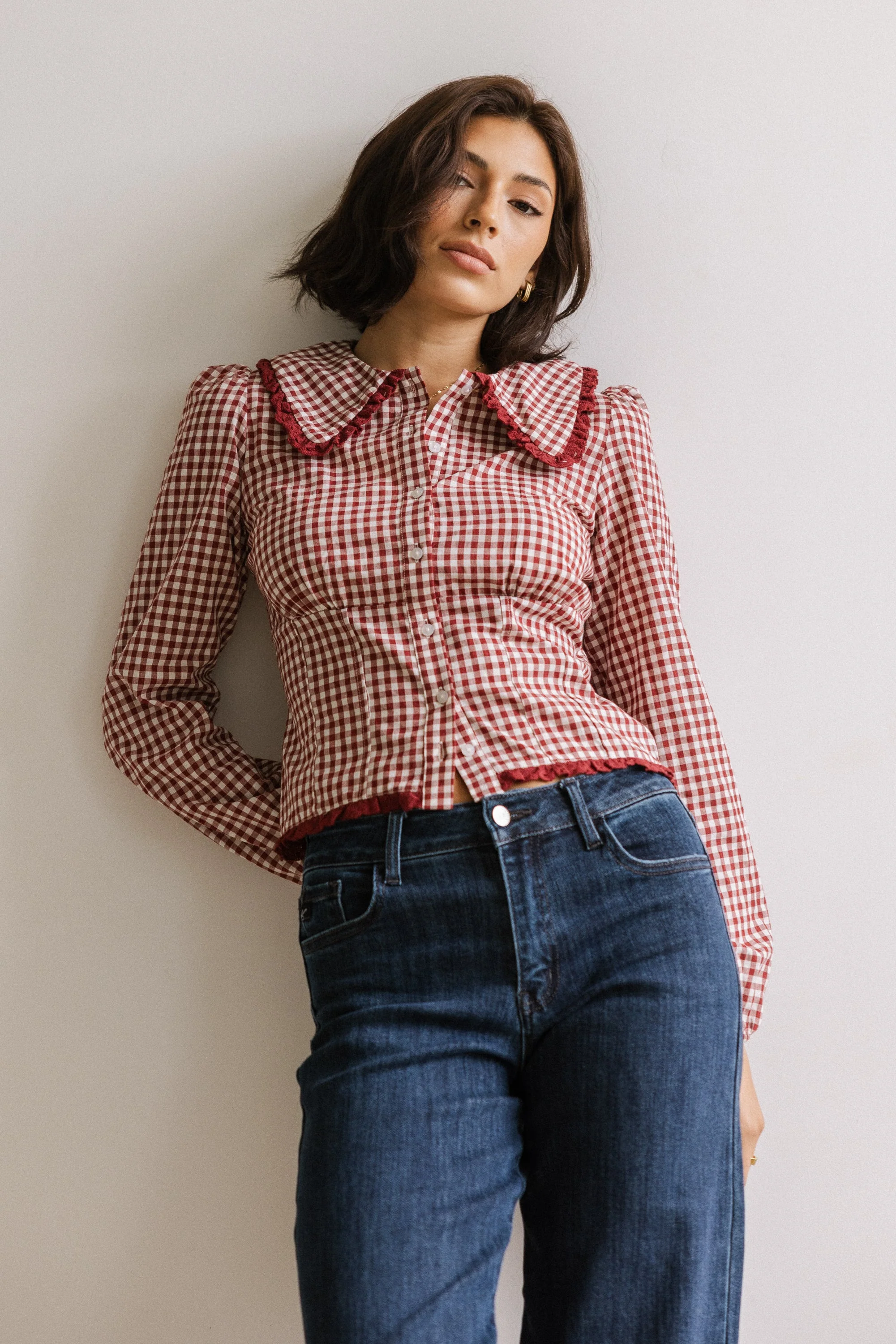Brenna Gingham Blouse in Burgundy