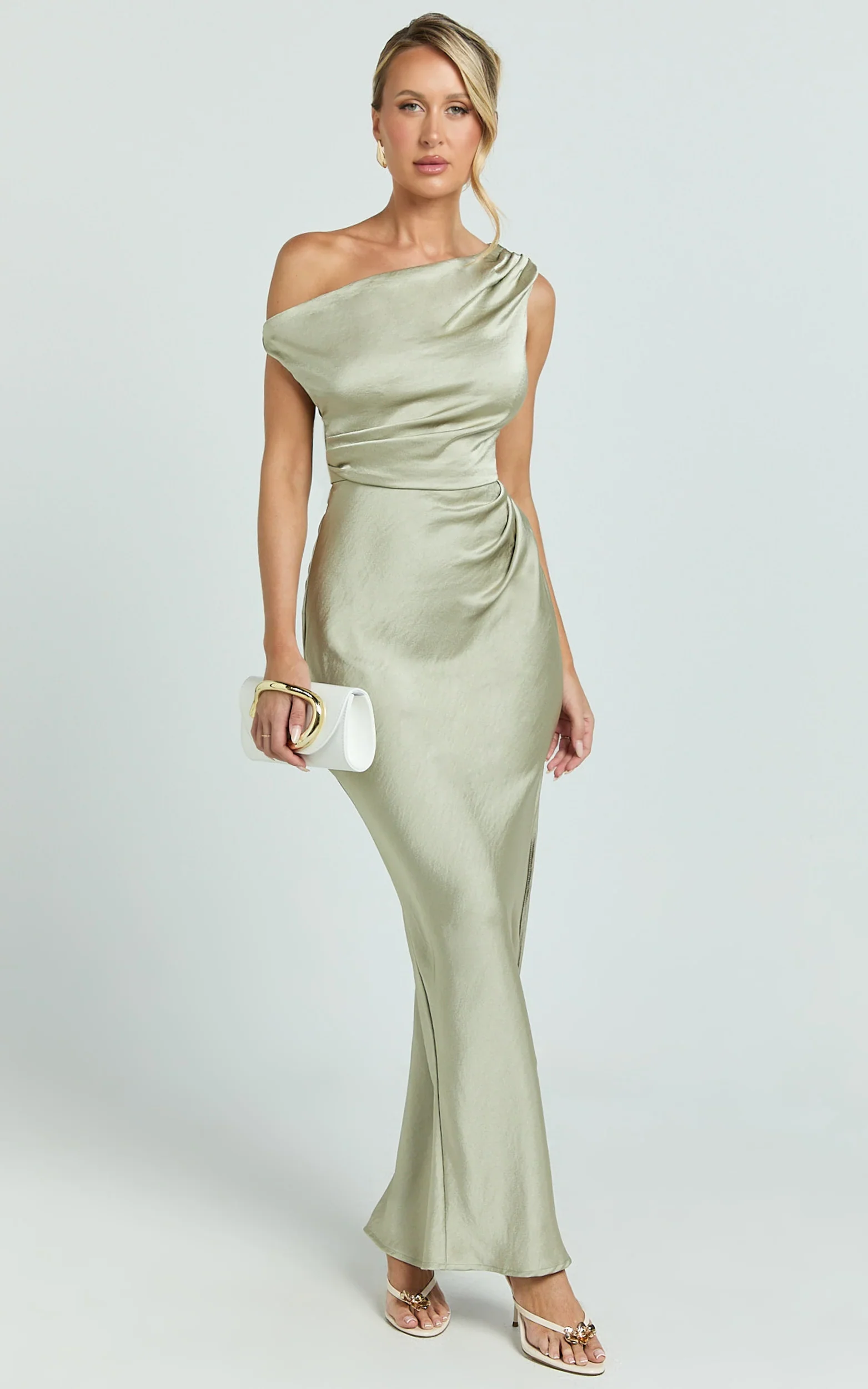 Laurie Maxi Dress - One Shoulder Tie Detail Dress in Light Olive
