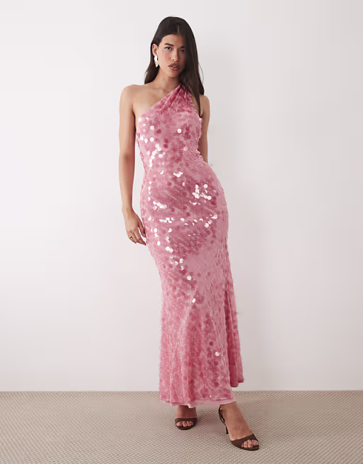 sequined one shoulder maxi dress in pink