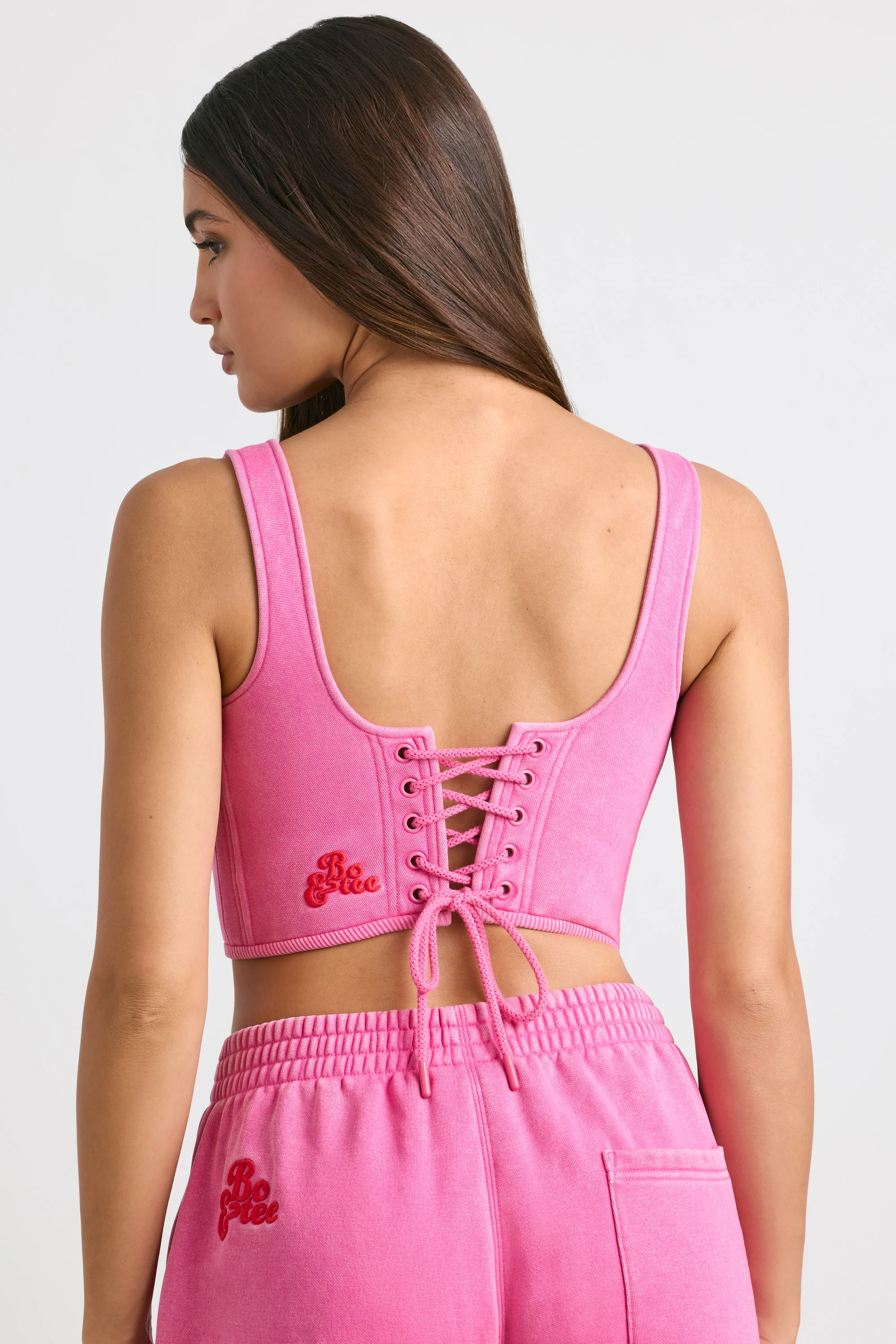 Brushed Jersey Corset Crop Top in Hot Pink