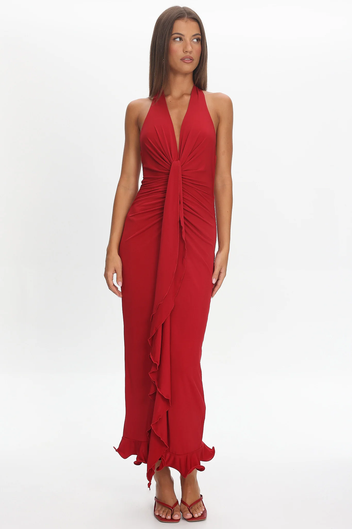 Ray Of Light Ruched Halterneck Maxi Dress Wine